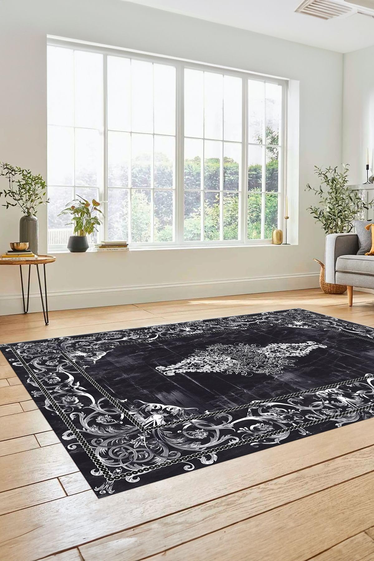 Evdeya Göbekli Klasik Motifli Dijital Kaymaz Taban Yıkanabilir Yolluk Mutfak Salon Halısı KLASİK-28, Antrasit, 60 x 150