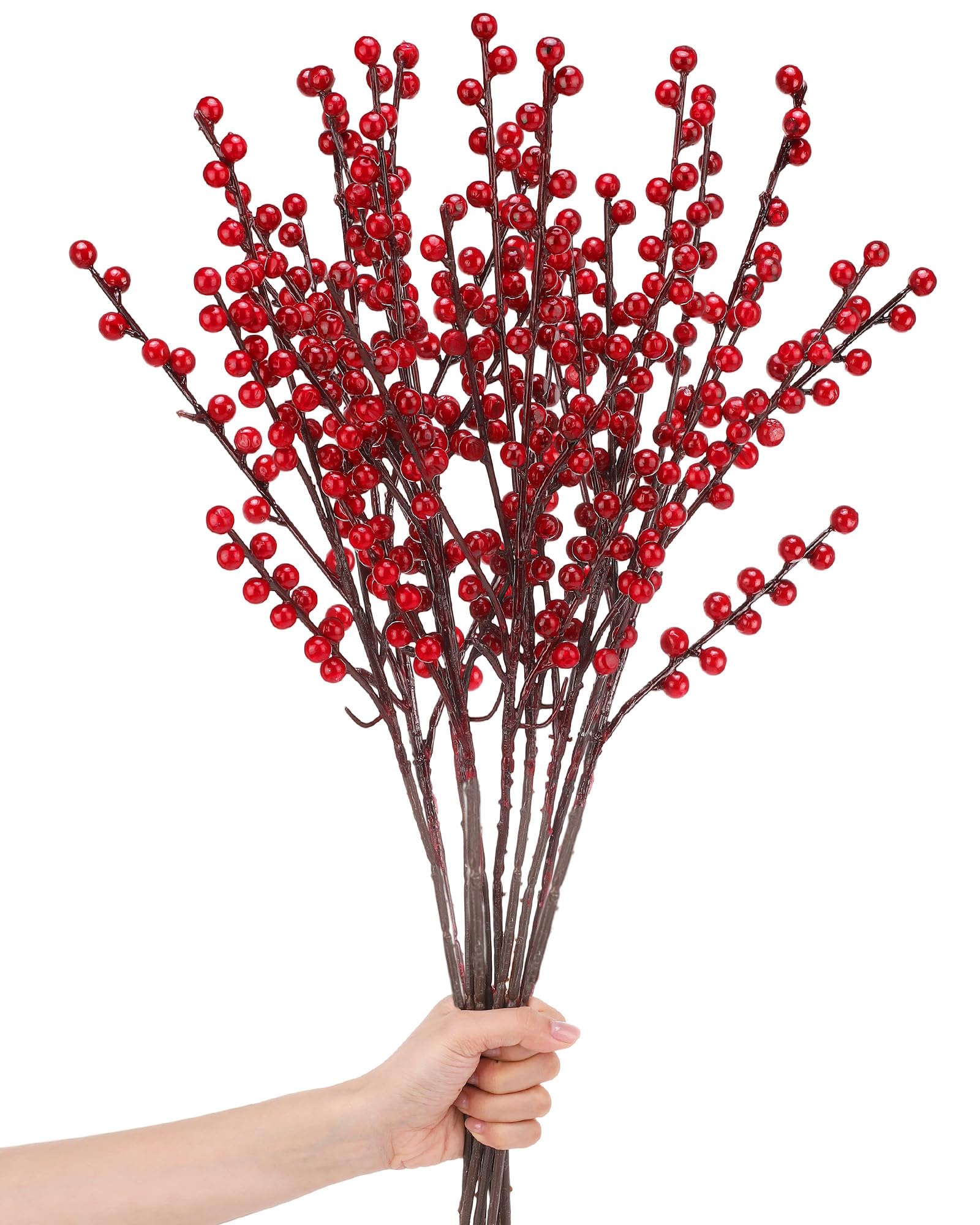 WILLBOND Künstliche rote Beerenstiele, 54 cm, rote Beeren, Stechpalmenbeerenzweige für Weihnachtsbaum, Neujahr, Dekoration, DIY Handwerk (Weinrot, 8 Stück)