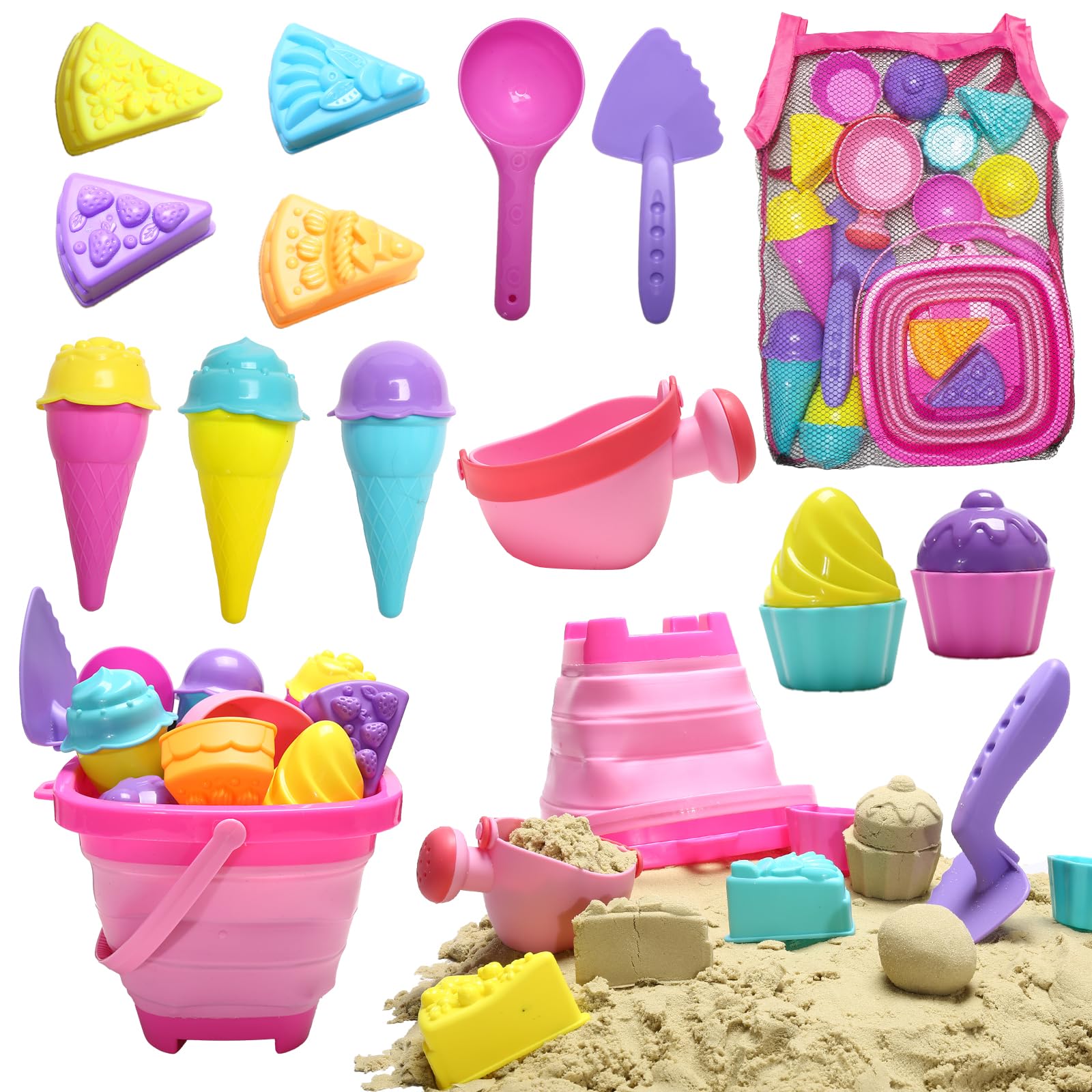 Collapsible Beach Toys for Kids,Collapsible Ice Cream Sand Toys for Girls,Sand Bucket and Shovels Set with Mesh Bag & Sand Molds, Ice Cream Travel Sand Toys for Beach for Toddlers Kids Age 3-6
