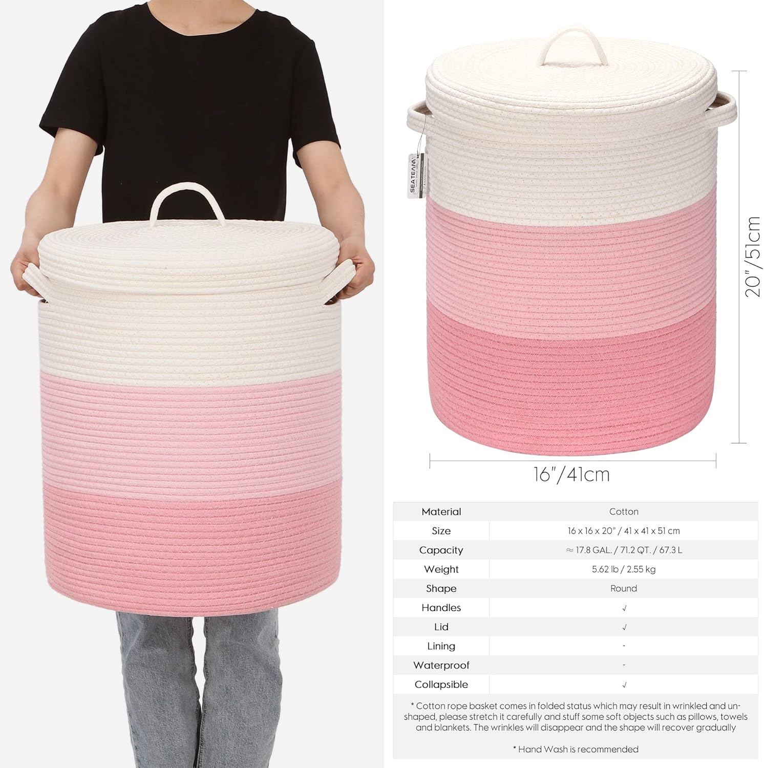 Sea Team Large Size Cotton Rope Woven Storage Basket with Lid, Lidded Laundry Hamper with Handles, Fabric Bucket with Cover, Clothes Toys Organizer for Kid's Room, 16 x 20 inches, White & Pink