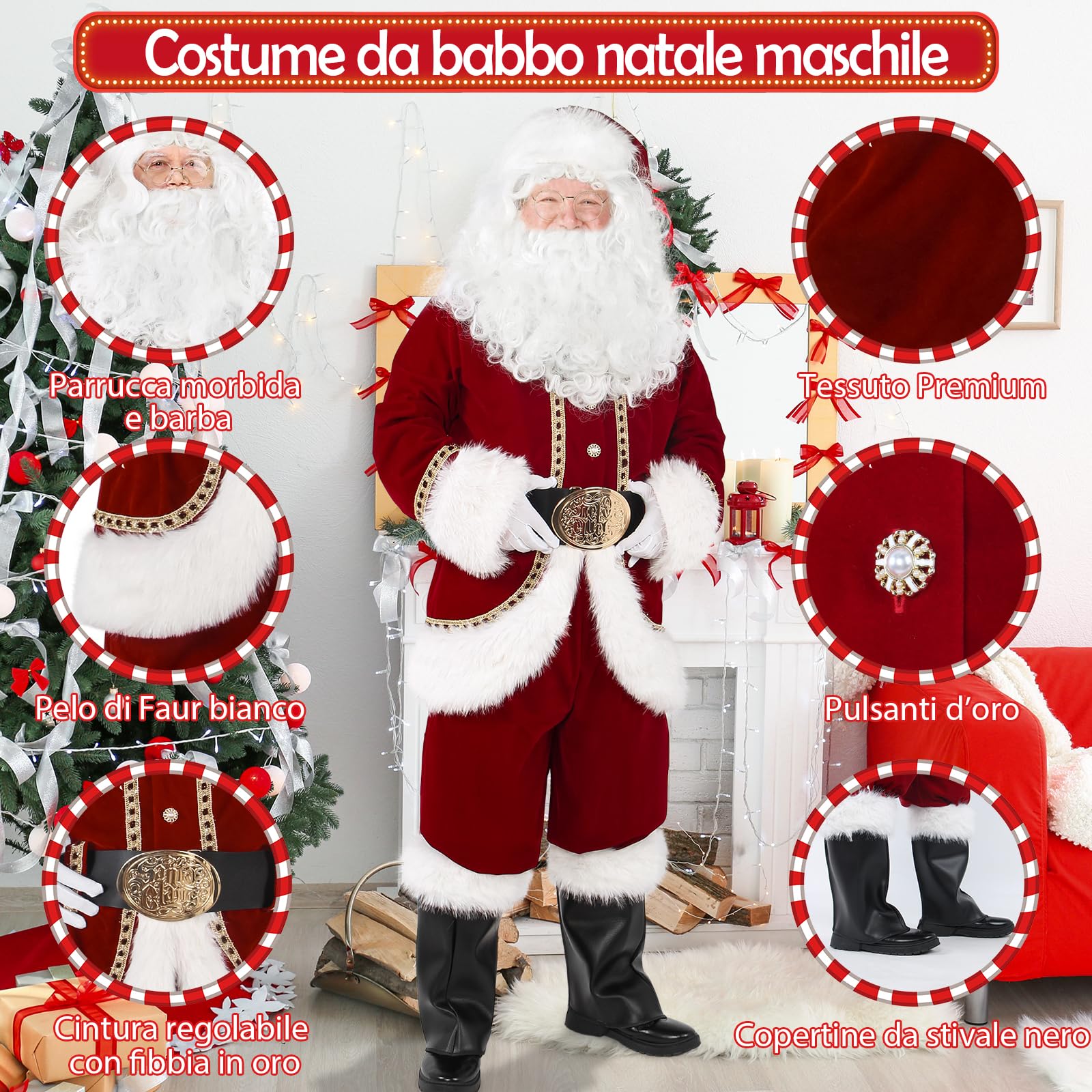 Christmas Men’s Santa Costume Set adult 11 Pcs Deluxe Santa Claus Costume Suit Velvet for Xmas Holiday Party Cosplay
