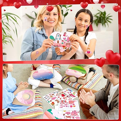 Miniatura 5 de Spiareal 24 calcomanías para el día de San Valentín para niños, haz tus propias calcomanías, cartón de escena de dulce casa con corazón, cupido,