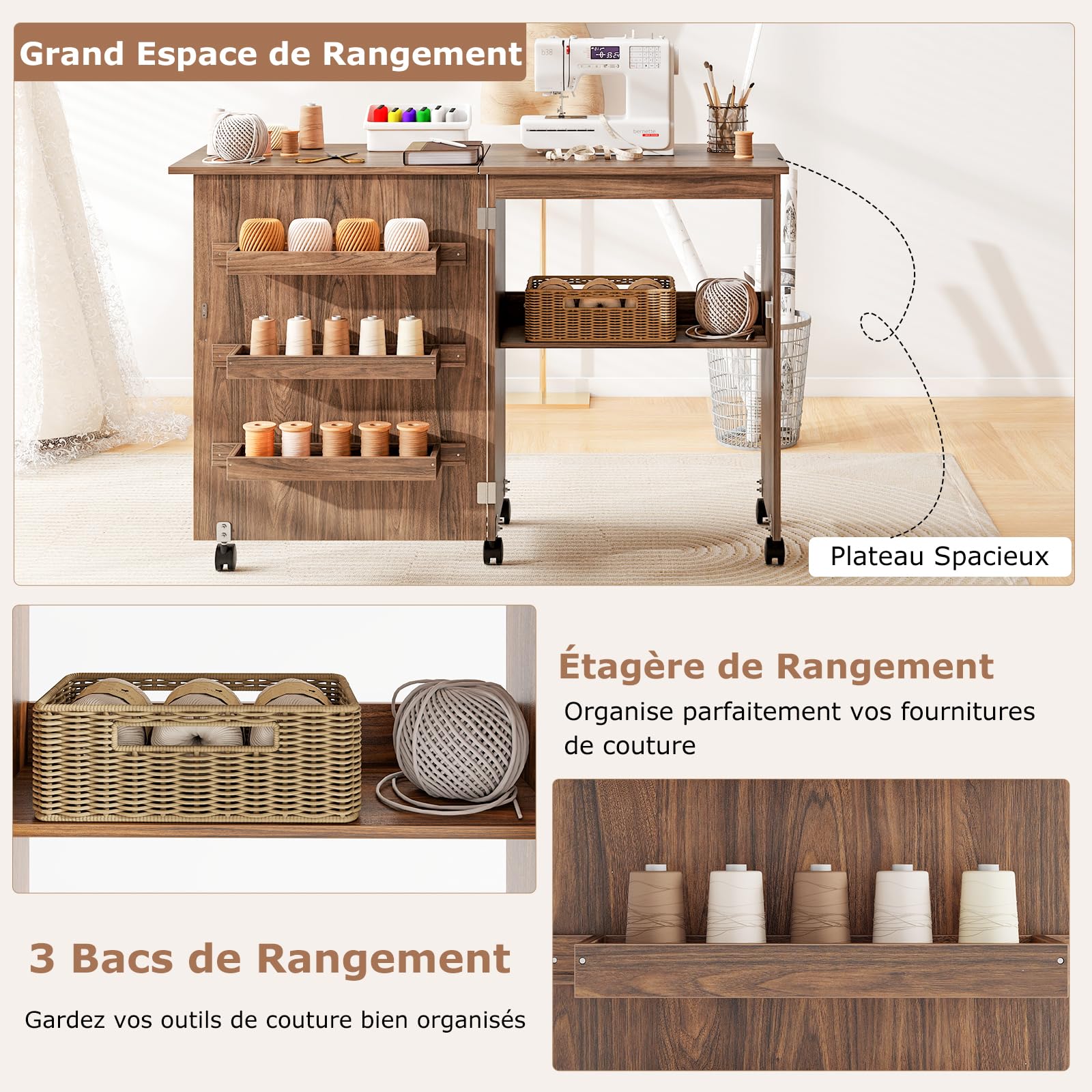 GIANTEX Table Couture Pliante, Meuble Machine à Coudre avec 4 Étagères pour Travaux Manuels, 5 roulettes, Armoire Couture avec Rangement pour Petits Espaces (118,5 x 40 x 79,5 cm, Marron)
