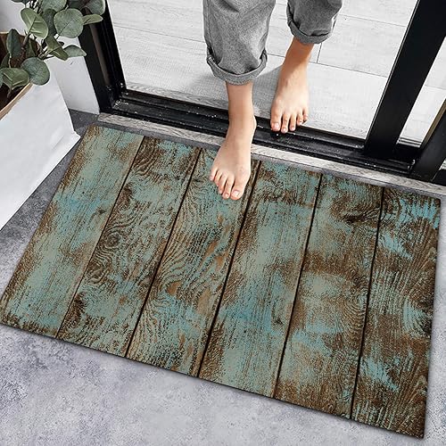 Tapete antideslizante para puerta delantera, alfombras de baño absorbentes para granja, grano de madera azul verde azulado vintage, tapetes de bajo