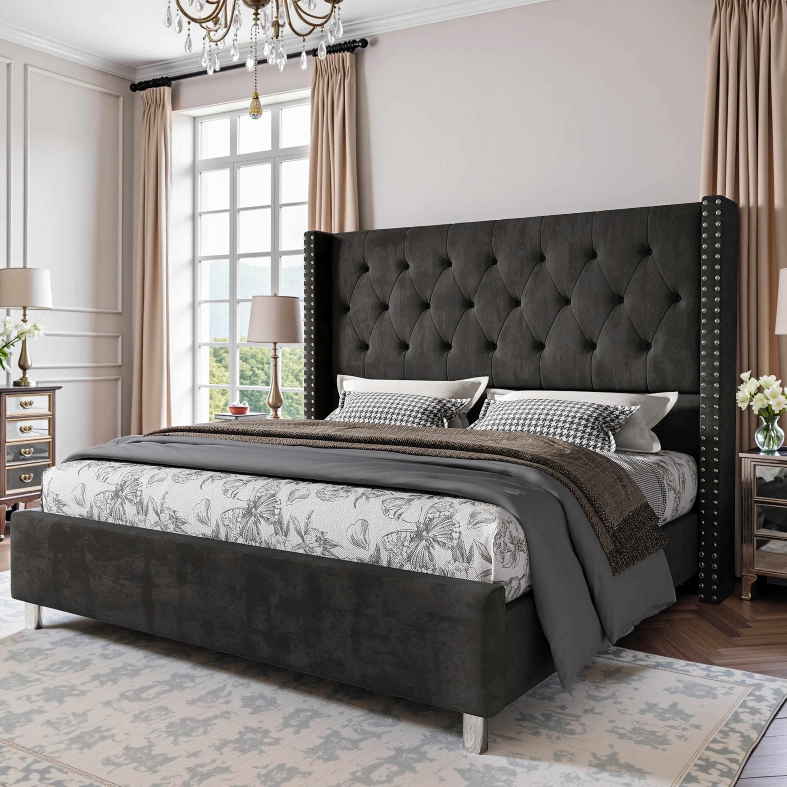 PaPaJet Upholstered Queen Bed Frame with Tall Headboard, Wingback Platform Bed, Low Profile Velvet Tufted Button, No Box Spring Needed, Easy Assembly,