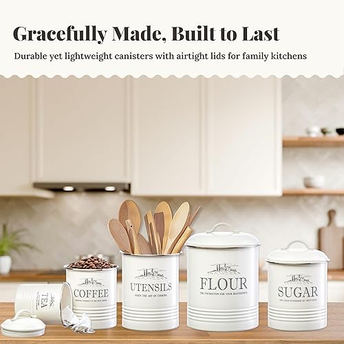 Miniatura 2 de Botes de cocina para encimera, juego de 5 recipientes blancos para la encimera de la cocina, recipientes herméticos para azúcar y harina,