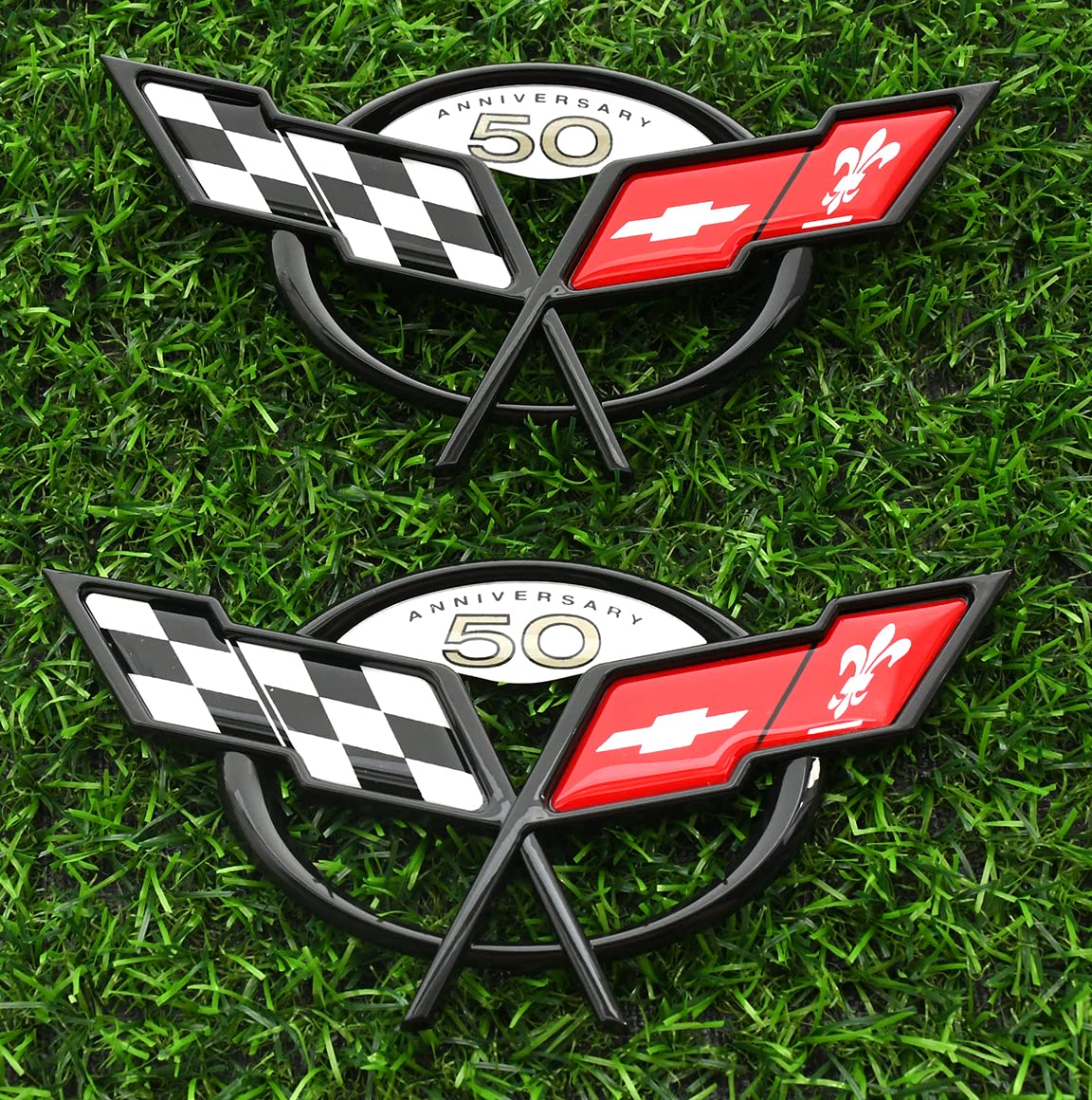 Chrome Cross Flags Emblem Set 2-Piece Chrome 50th Anniversary Cross Flags Emblems For 1997-2004 C5 Corvette (Front & Rear) C5 Corvette 50th Anniversary Emblems - Foto 6