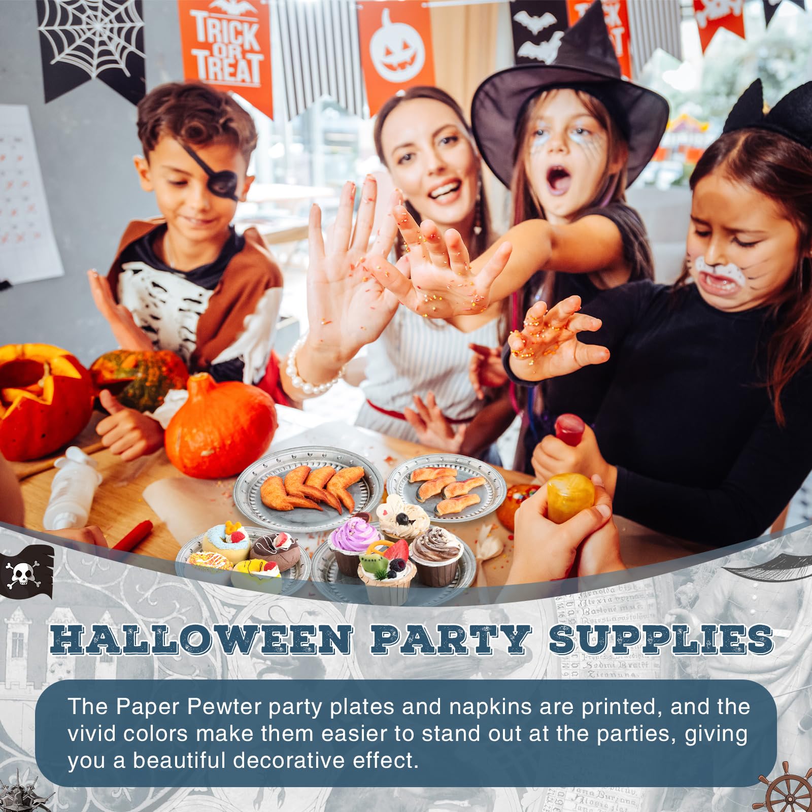 Jingmore 48 piezas de vajilla de papel desechable de peltre para decoraciones de fiestas medievales, platos de papel desechables de peltre para suministros de fiesta de Halloween pirata, 9 pulgadas y