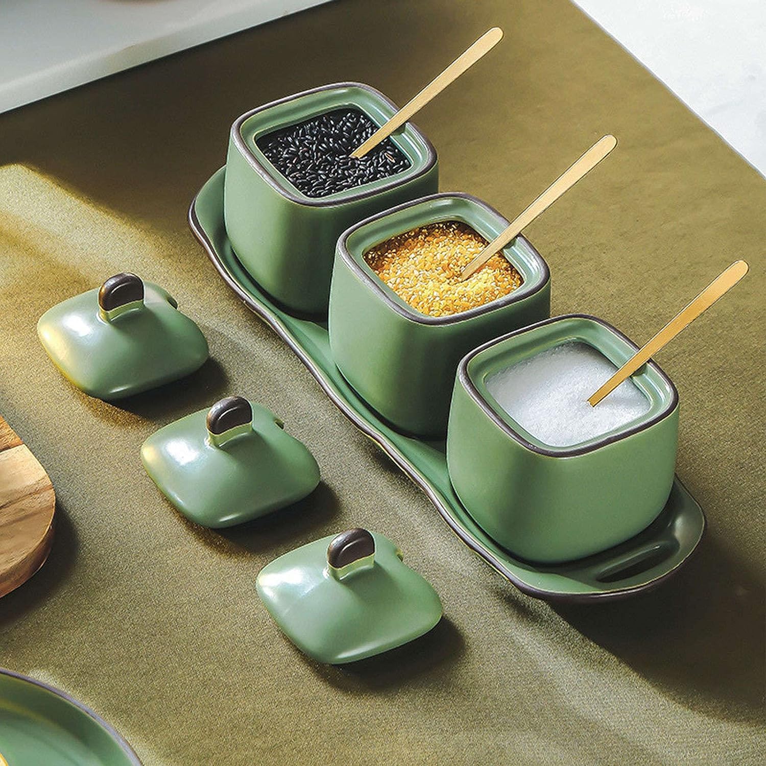 Salero Y Azucarero Cocina Recipiente De Cerámica Para Condimentos Con Tapas, Cucharas, Juego Tarros Para Especias, Organizador Para Sal Azúcar Caja De Almacenamiento