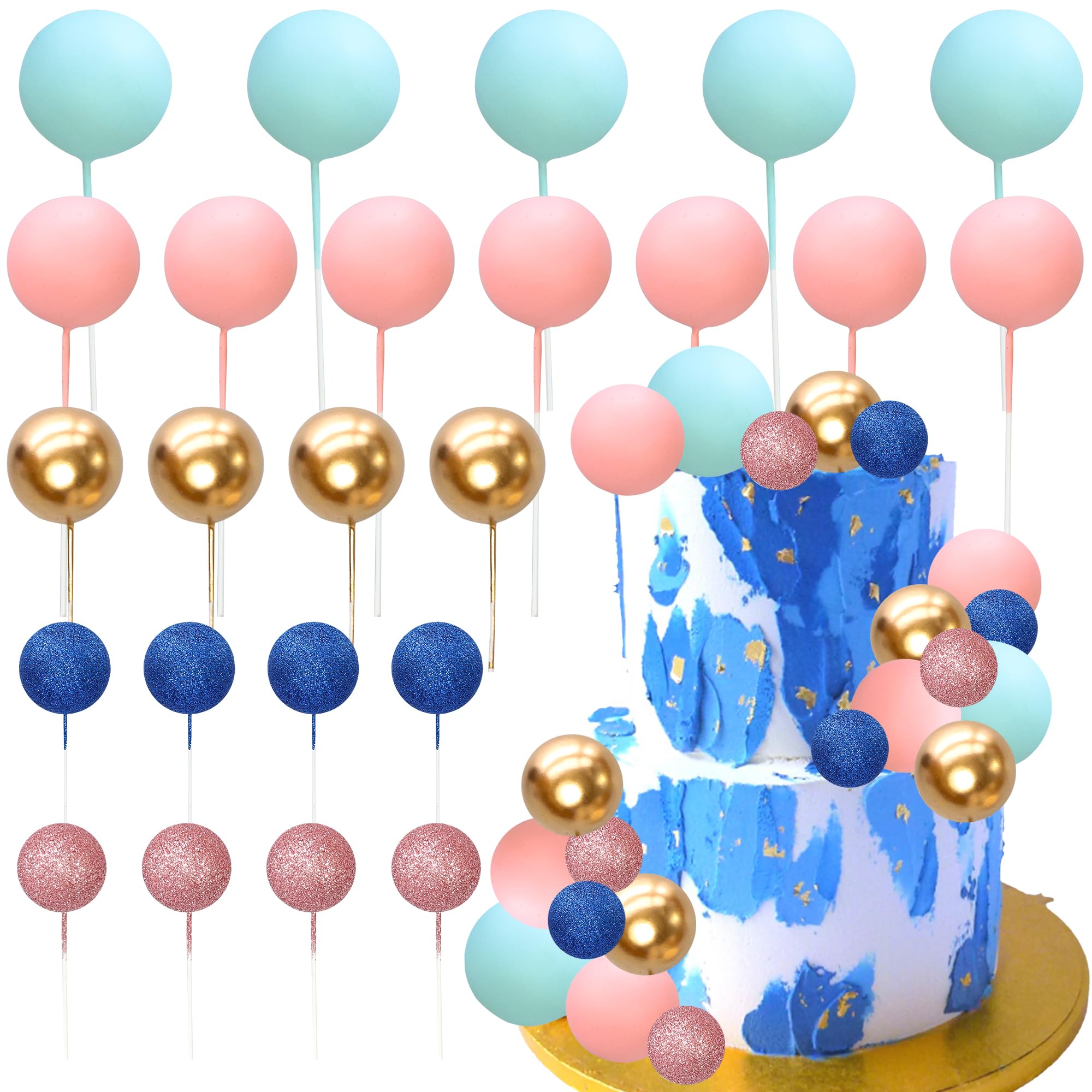 Gyufise 50Pcs Ball Cake Topper Sticks Mini Balloons Cake Decoration Foam Balls Cake Toppers for Gender Reveal Baby Shower Birthday Party Supplies Blue Pink