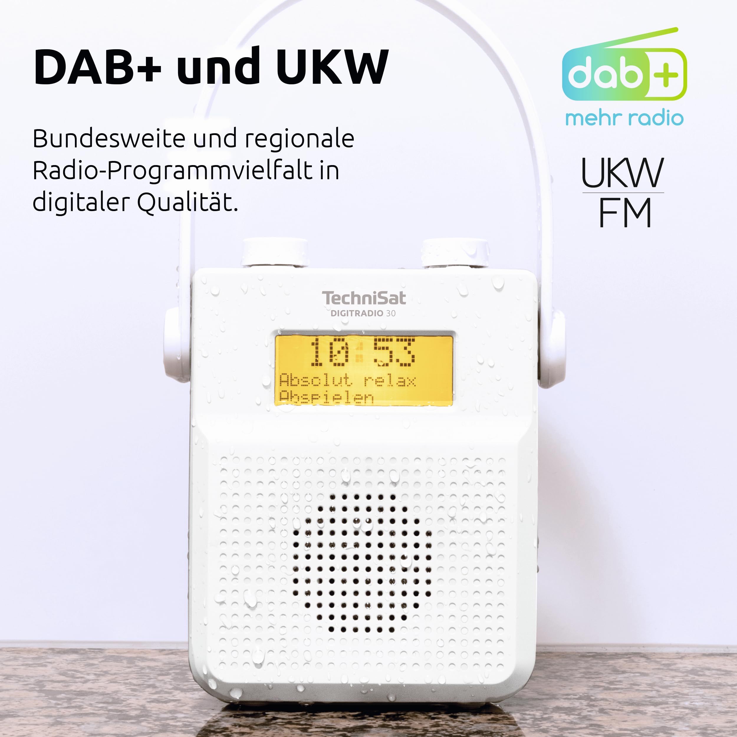 TechniSat DIGITRADIO 30 - wasserdichtes DAB+ Duschradio (UKW, DAB Digitalradio, integrierter Akku, Bluetooth, wasserdicht nach IPX5, Wecker, Favoritenspeicher, Kopfhörer-Anschluss) weiß