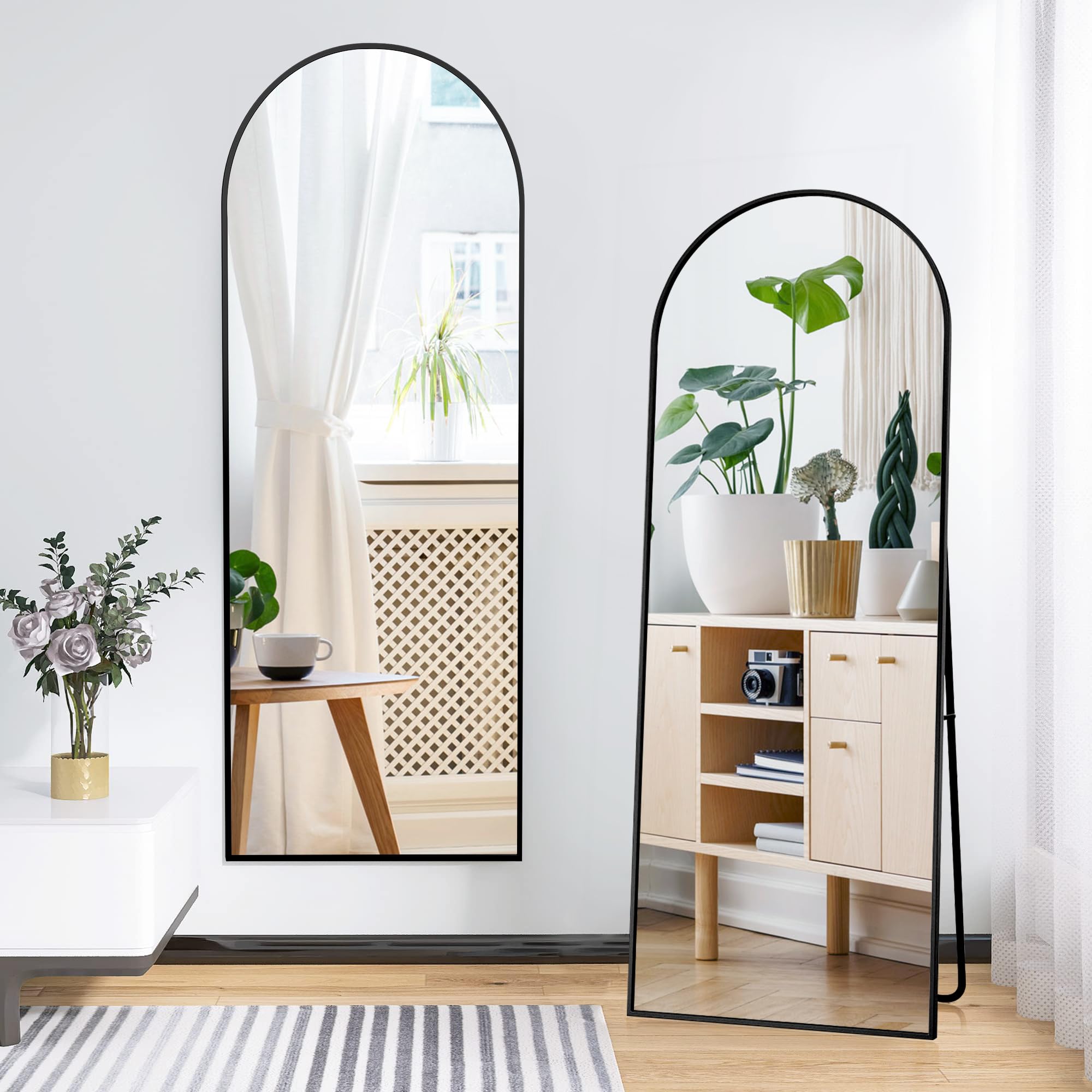 Lustro stojące z metalową ramą 2 w 1, 173 x 63 cm, lustro stojące i ścienne, zakrzywione lustro z ramą do sypialni, salonu (czarne, 173 x 63 cm)