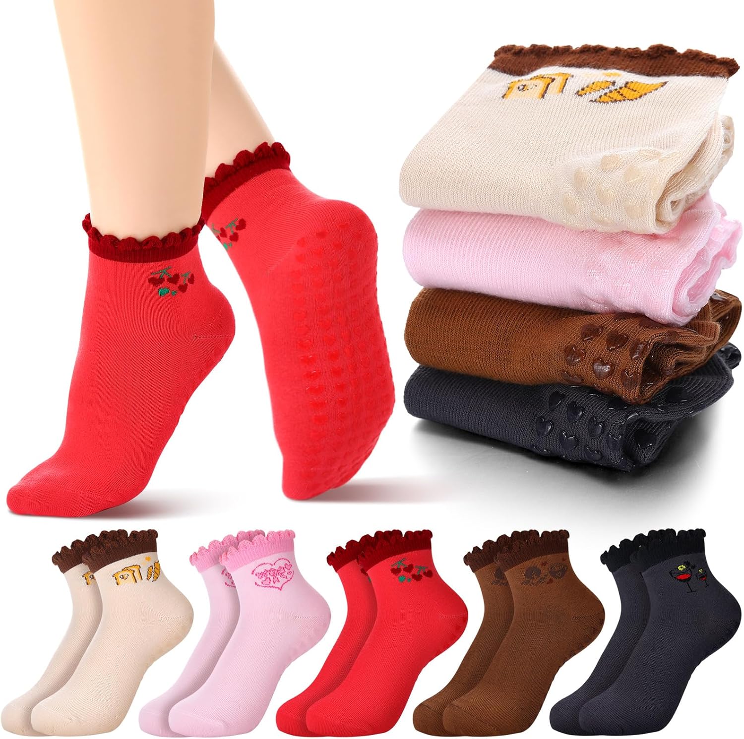 10 Pairs Cute Short Pilates Socks for Women Colorful Non-slip Yoga Ballet Socks with Ruffle Cuff Grips Gift