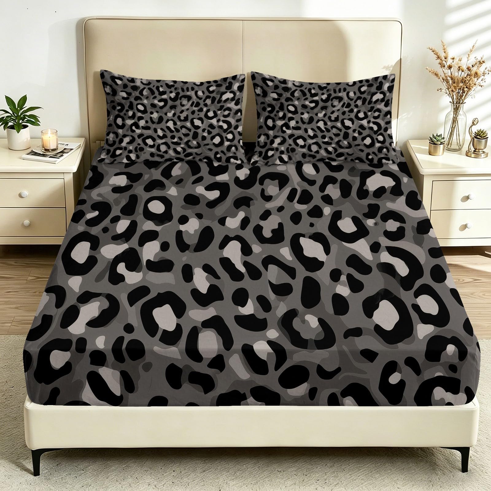 Juego de sábanas bajeras ajustables de 3 piezas, 180 x 200 cm, estampado de leopardo, de microfibra, diseño de animales, minimalista, suave y agradable al tacto, transpirable, colchones de hasta 30 cm