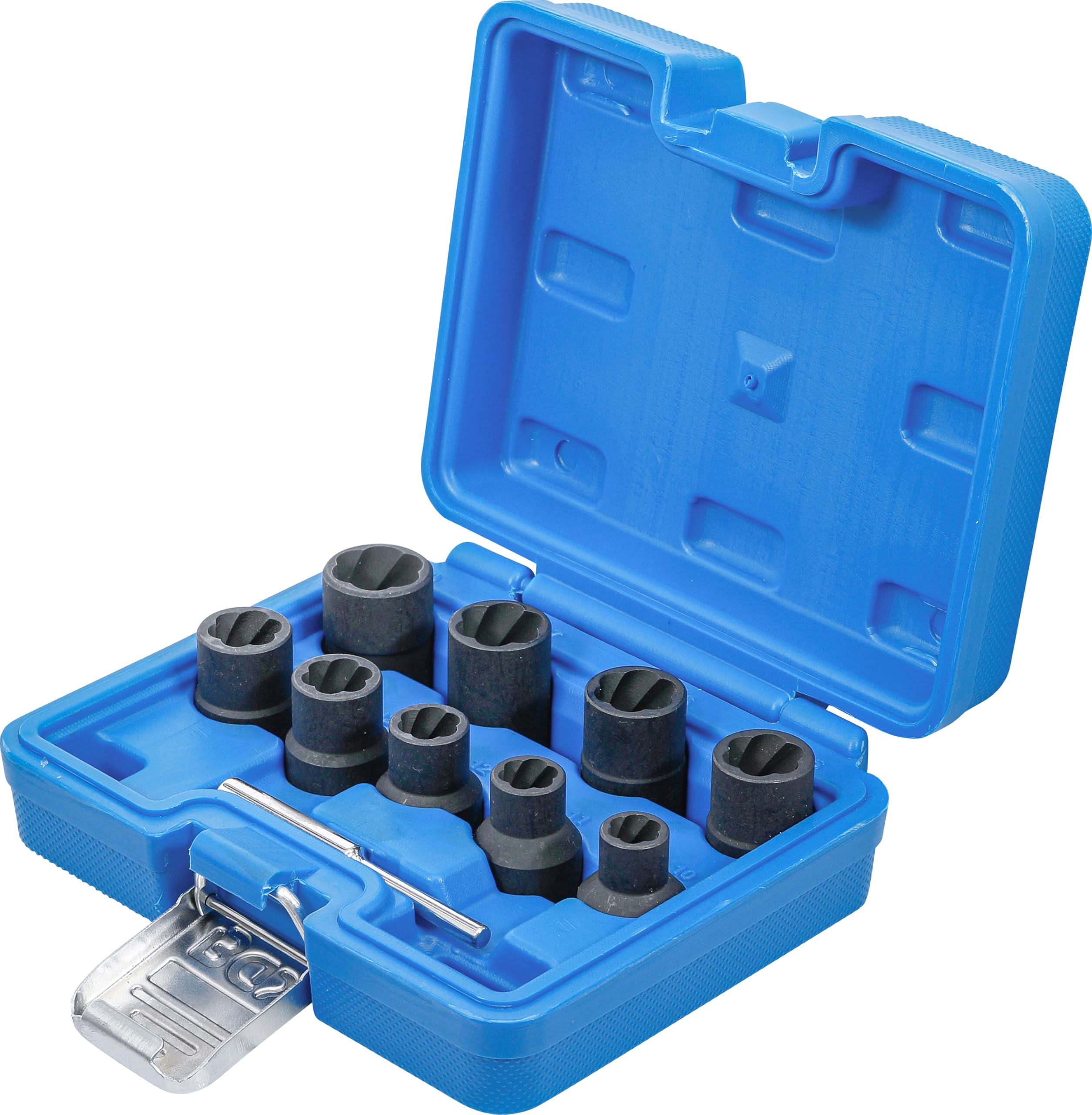 BGS 5266 | Juego de llaves de vaso de perfil en espiral/ extractores de tornillos | entrada 12,5 mm (1/2") | 10 - 19 mm | 10 piezas | Accionamiento cuadrado interior 12,5 mm (1/2") | SW 10 - 19 mm | 10 piezas. | acero al cromo-molibdeno | bruñido, negro