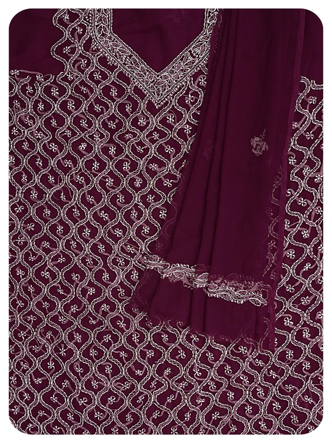 Hand Embroidered Lucknowi Chikankari Unstitched Georgette Dress Material Suit Piece with Dupatta for Women A1970- Geo-image-39