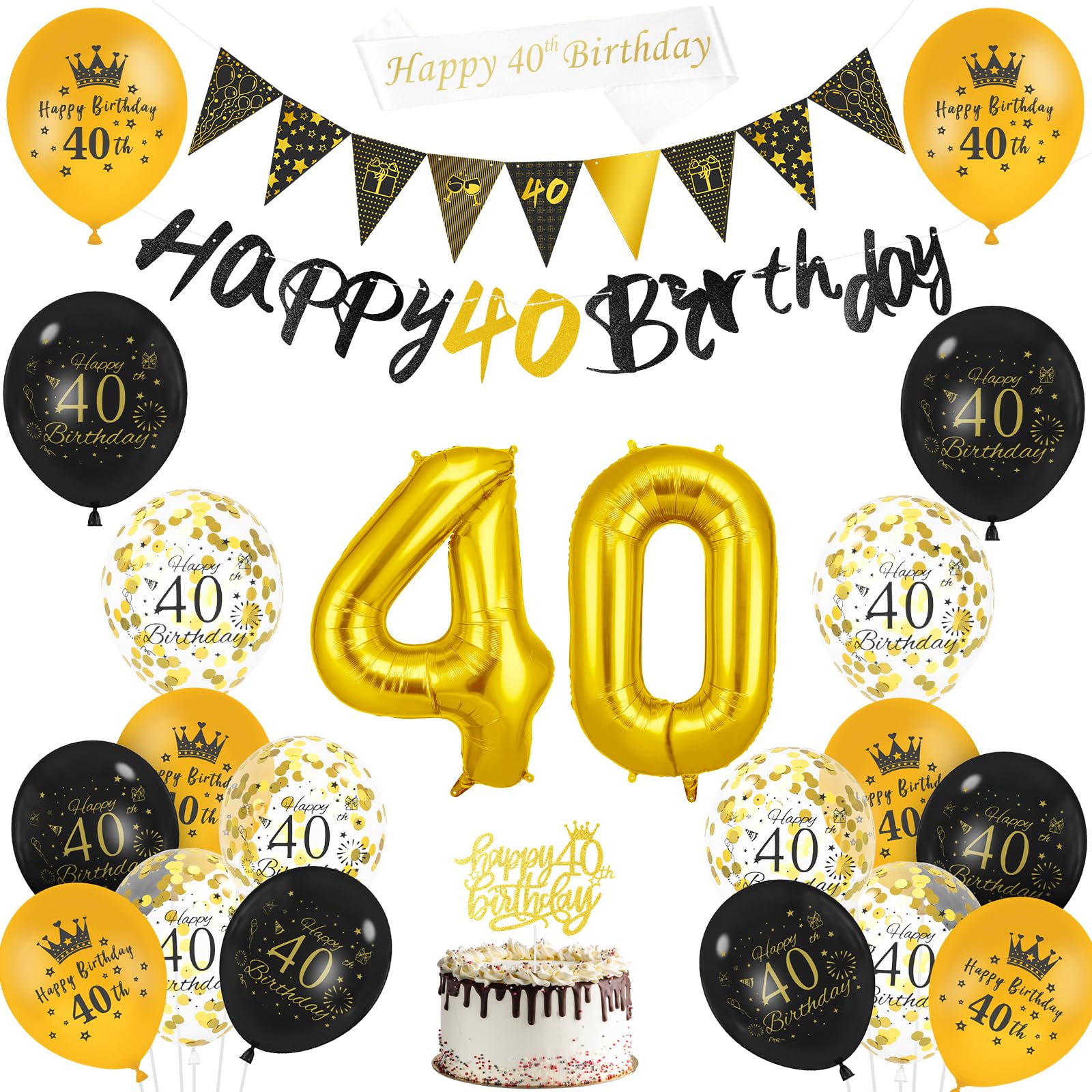 AUAUY 40th Birthday Decorations, Black Gold Balloon Decoration Set