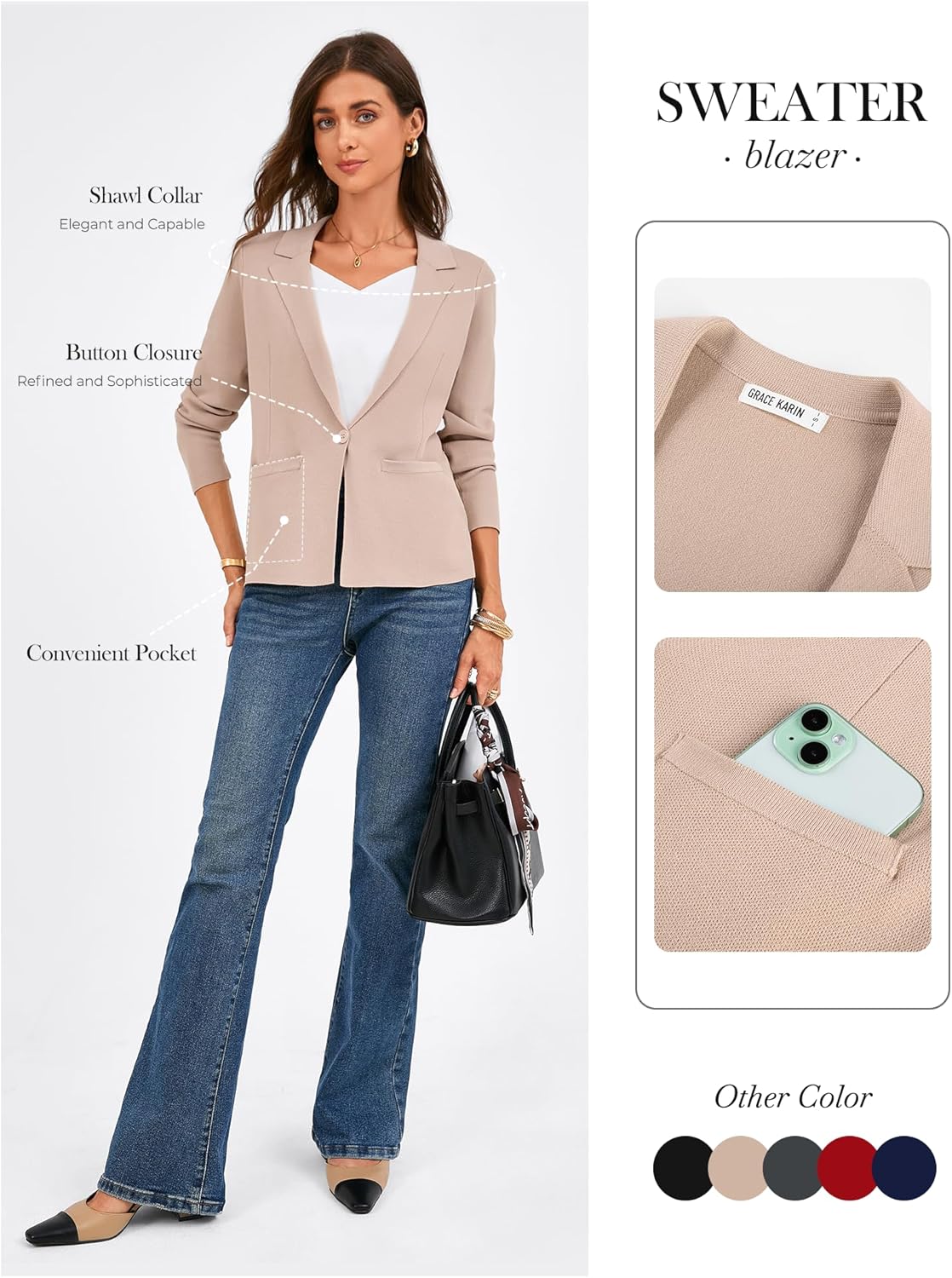 GRACE KARIN Women Sweater Blazer Business Casual 2026 Knit Suit Jackets Long Sleeve Lightweight Cardigan Work Office - Image 2