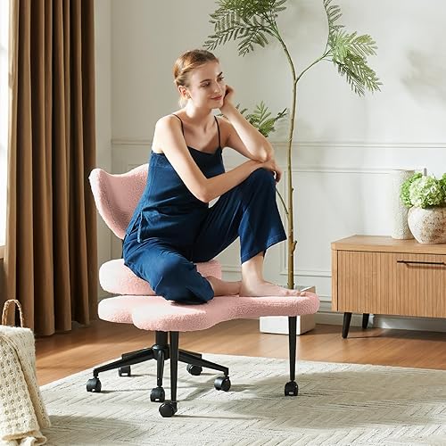 Ergonomic Cross Legged Chair, 360° Swivel Meditation Chair with Wheels, Height Adjustable Seat for ADHD, Strong Lumbar Support, Chic Home Office Furniture, Teddy Fabric, Pink