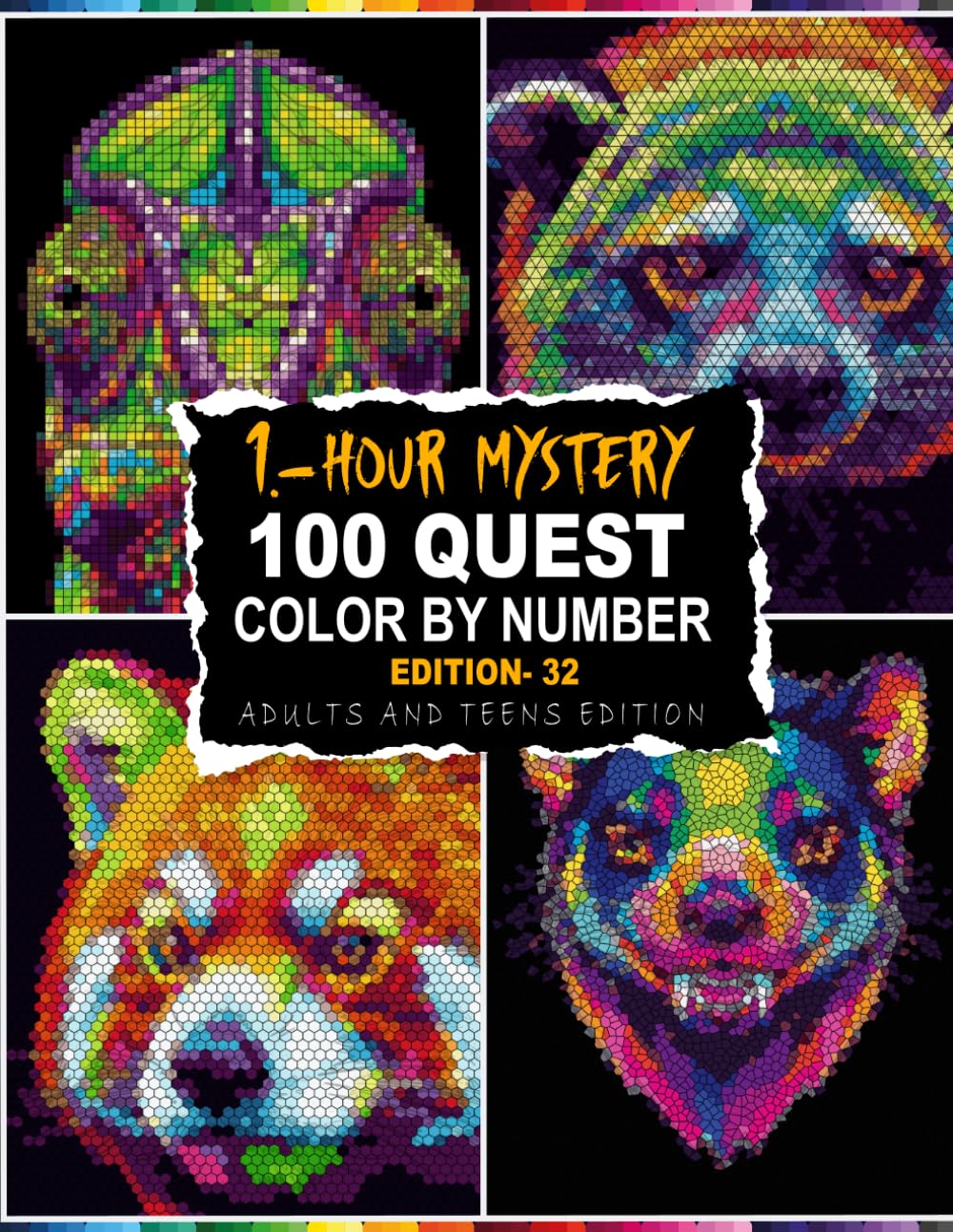 100 QUEST 1-HOUR MYSTERY MOSAIC: Boost Creativity with 100 Mystery Mosaic Color By Number Book in 5 Unique Shape Grids, Master Color Palette, Perfect 1-Hour Sessions for Adults and Teens