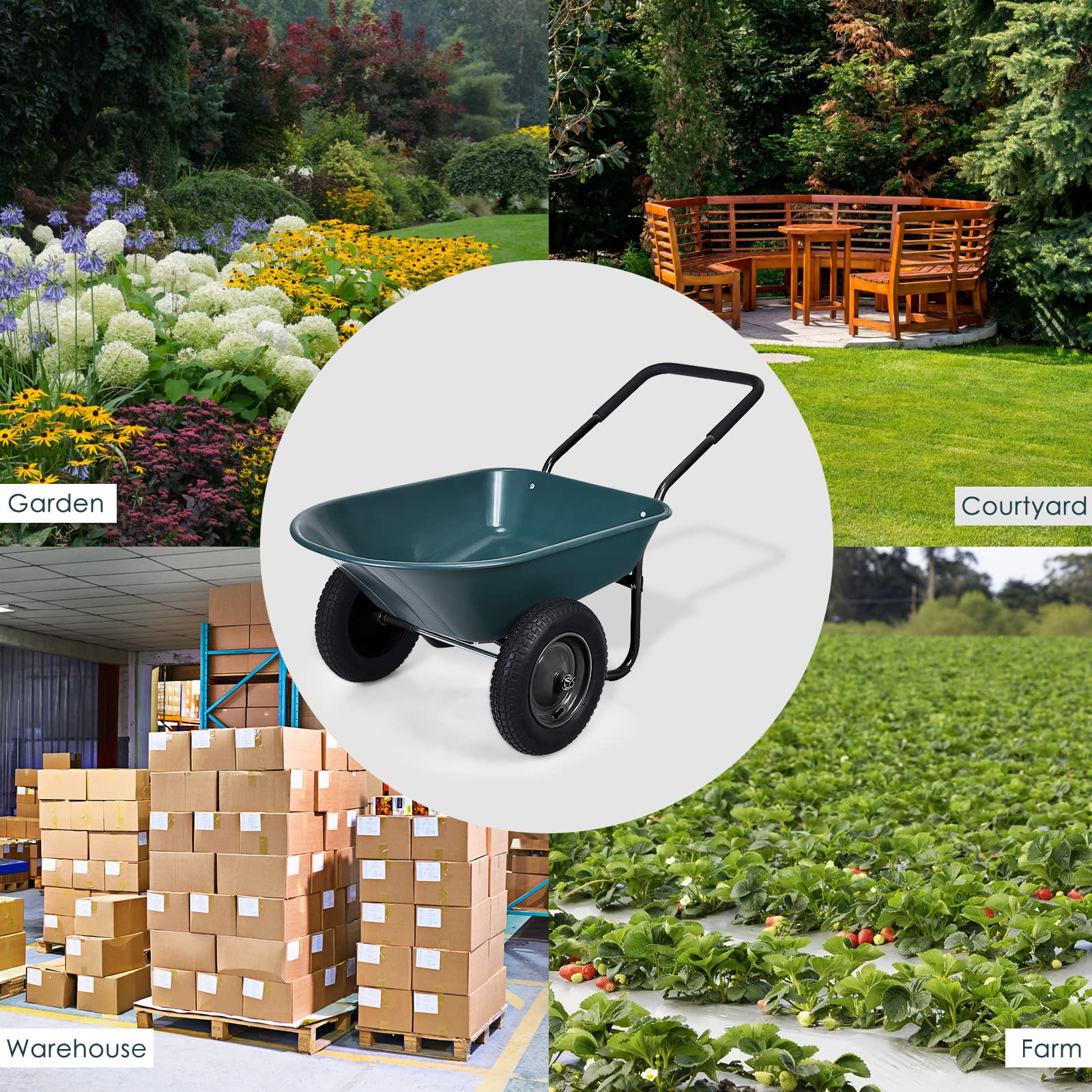 RELAX4LIFE Carrello da Giardino 75L, Carrello a Mano con Vasca in Plastica, Ruota in Gomma, Capacità di Carico 100 kg, Carriola (Verde, 1)
