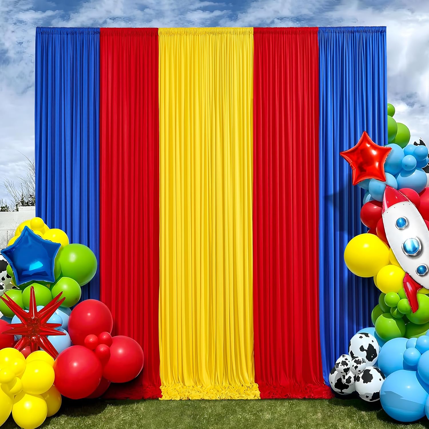 1510 FT Wrinkle Free Red Yellow Blue Backdrop Curtains for Parties, 6 Panels 2.510ft Wrinkle Free Soft Polyester Drapes for Backdrop Decor Themed Party Baby Shower Photo Background Curtain