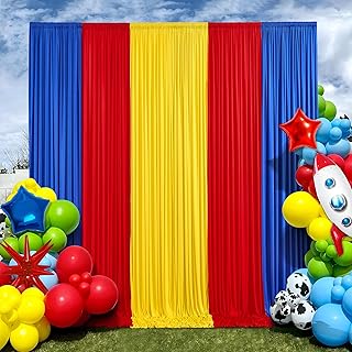 15×10 FT Wrinkle Free Red Yellow Blue Backdrop Curtains for Parties, 6 Panels 2.5×10ft Wrinkle Free Soft Polyester Drapes for Backdrop Decor Themed Party Baby Shower Photo Background Curtain - Buy now