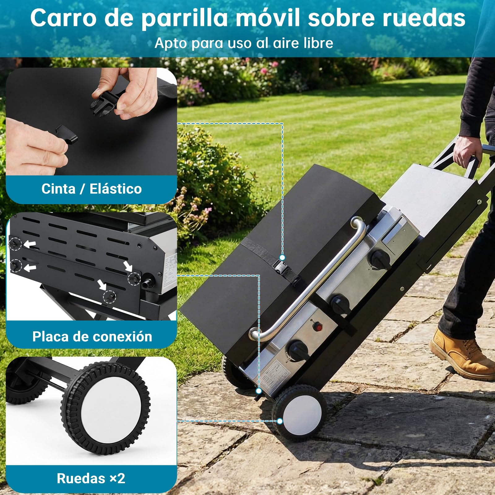 LIFERUN Carro Plegable para Barbacoa con Mesa Auxiliar Extraíble, Soporte Portátil para Parrilla con 2 Ruedas, Soporte de Mesa al Aire Libre Plegable, para Camping, Jardín, Fiestas (102x39x73cm)