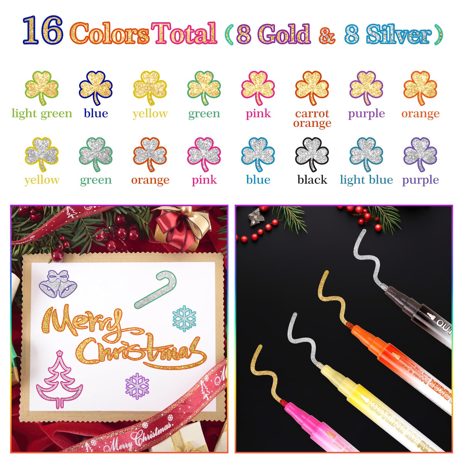 TEVILIK 16 Colors Dual Tip Outline Shimmer Marker - Easter Basket Stuffers for Teen Girl Trendy Stuff Cards Drawing Scrapbook Art Supplies DIY Crafts, Glitter Markers Age 4-14 for Kids Doodle