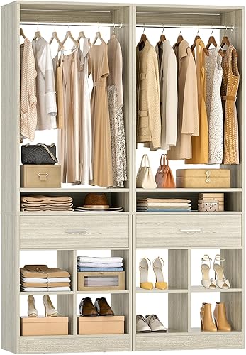 Unikito Sistema de armario de 50 pulgadas, organizador de armario con 2 cajones de madera, organizador de armario con 2 varillas para colgar y 8