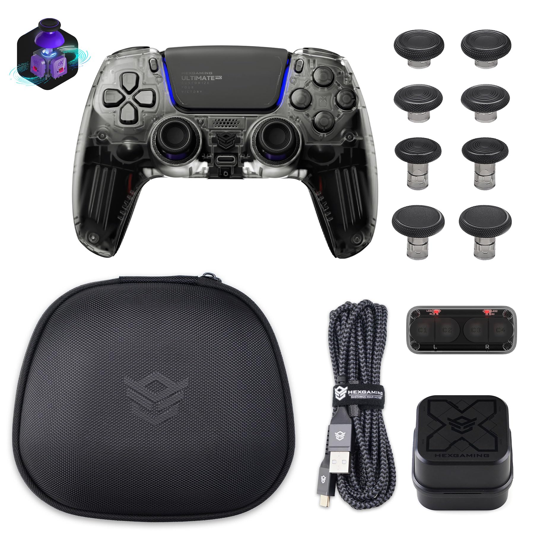 HEXGAMING ULTIMATE PRO Controlador de Juegos Profesional para ps5/PC/Móvil | 4 Botones Traseros/6 Perfiles Personalizables/Gatillos Ajustables/8 Joysticks Intercambiables-Efecto Hall (Negro Explorer)