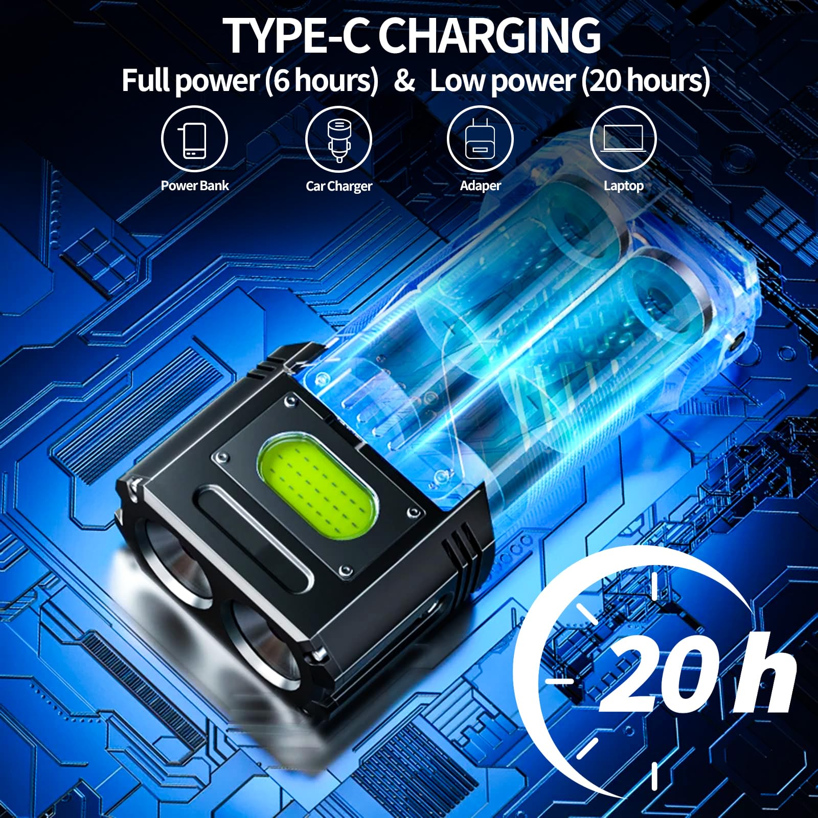 Torcia LED Ricaricabile 50000 Lumen - 6 Modalità, IP67 Impermeabile, Batteria 6000 MAh, Per Outdoor - Foto 3