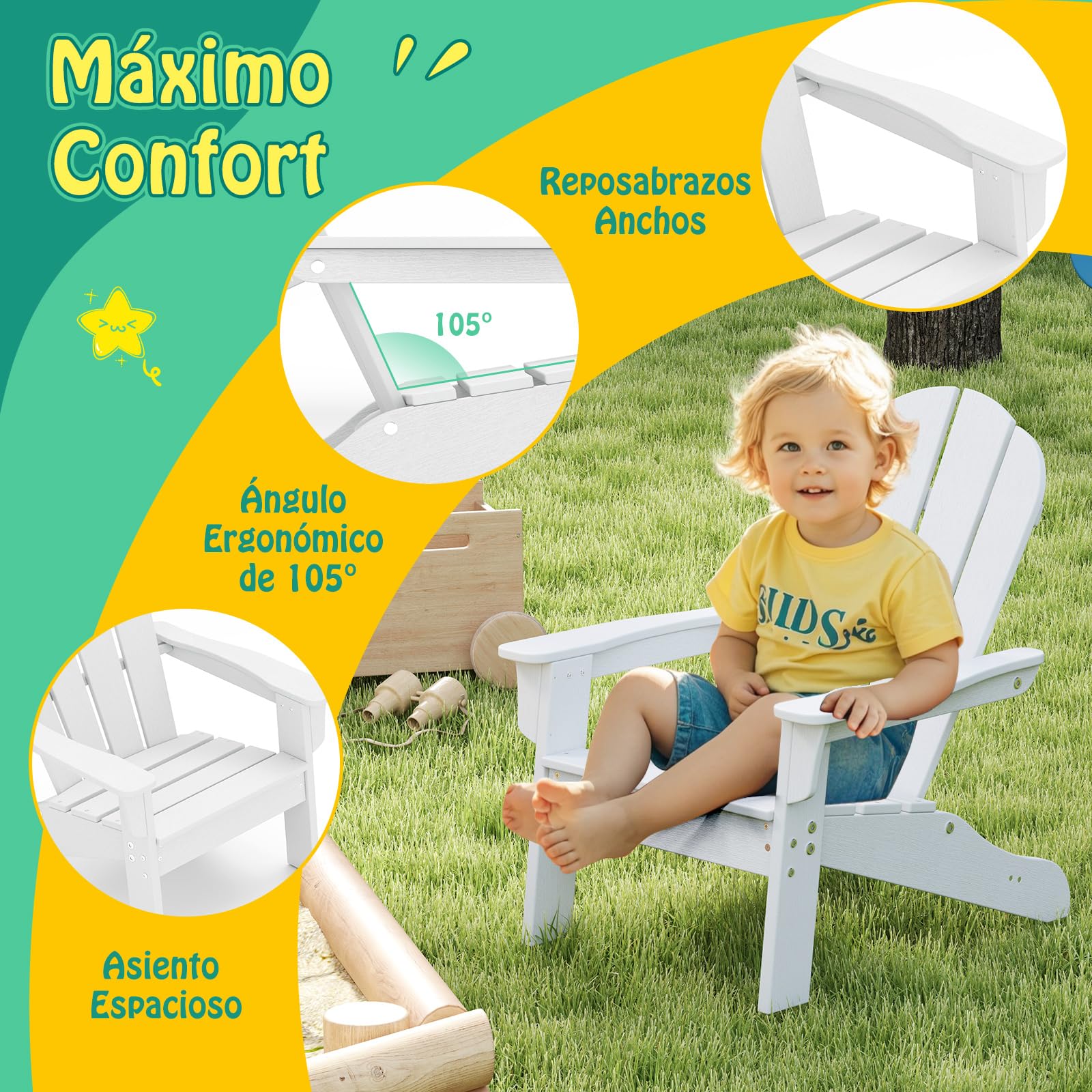 COSTWAY Silla Adirondack para Niños, Silla para Jardín HDPE Resistente a Todo Clima con Diseño Ergonómico, Mobiliario para Patio Exterior para Niños de 3 a 8 Años (Blanco)