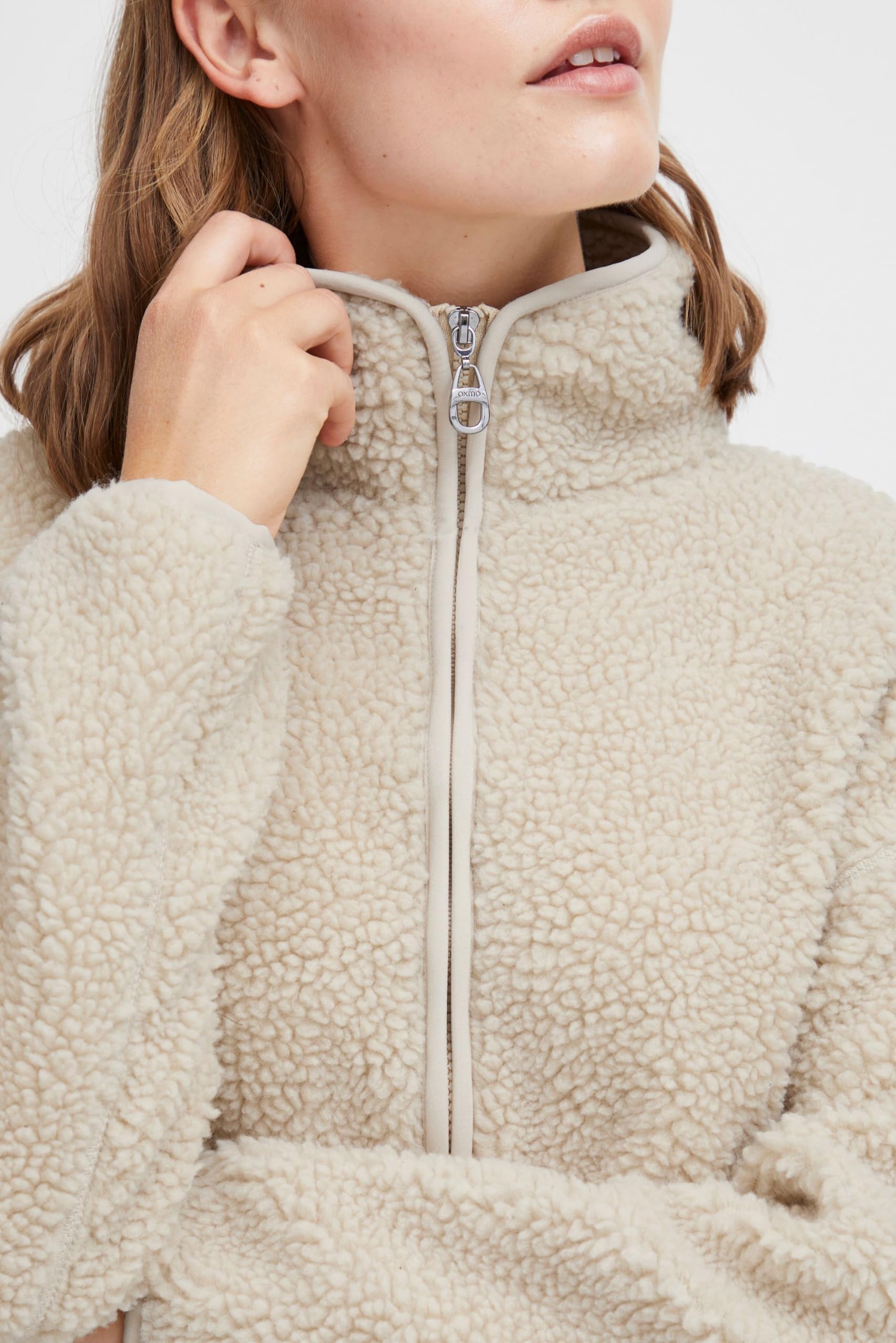 OXMO OXTova Damen Sweatjacke Lang Jacke mit Teddy-Fell Stehkragen Reißverschluss Eingrifftaschen Loose fit