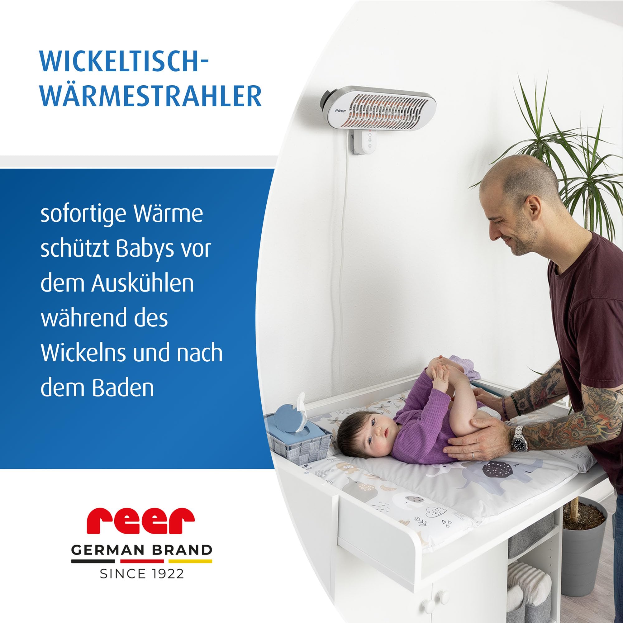 reer HeatCare+ Wickeltisch-Wärmestrahler | EcoHeat Carbon Heizelement | Infrarot-Heizstrahler mit neigbarem Kopf | Wärmespender für Babys | Energiesparend | Wandgerät mit Fernbedienung