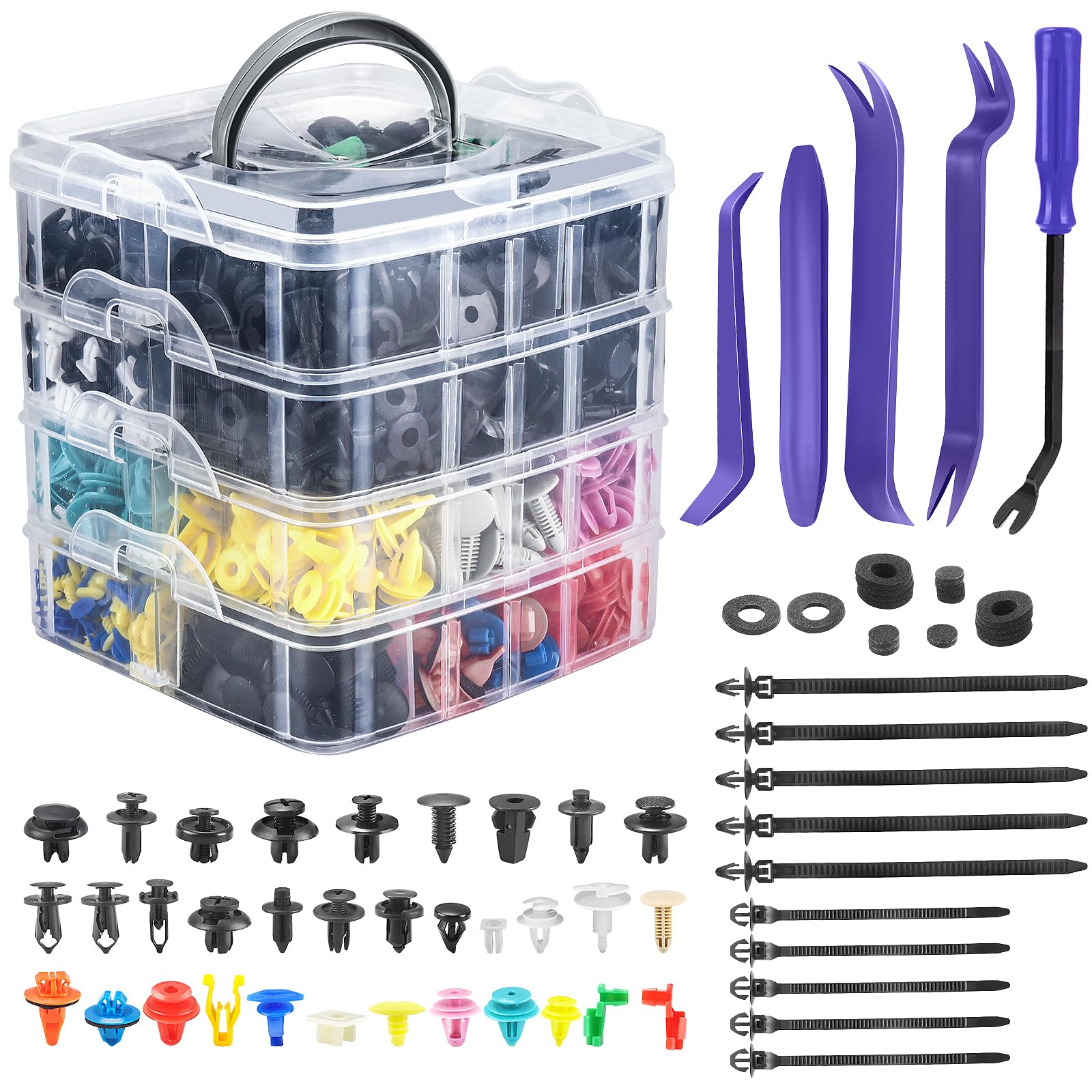 Car Retainer Clips & Fasteners Kit – 32 Universal Sizes Nylon Bumper, Fender Rivets, Door Panel Clips, and Plastic Rivets with 10 Cable Ties and