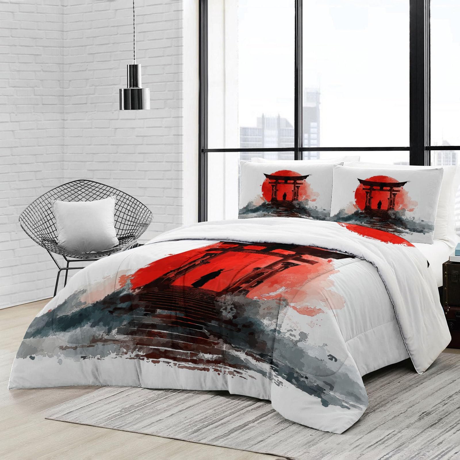 Torii akwarelowa kołdra na drzwi 135 x 200 cm 4 pory roku dla dorosłych, czerwona kołdra 2-osobowa zimowa ciepła kołdra przeciw roztoczom, 2 ochraniacze na poduszkę 65x65, bez poszewki