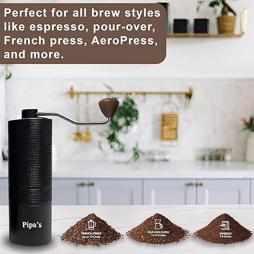 Miniatura 4 de pipa's Molinillo de café manual ajustable de acero inoxidable con cepillo, capacidad (1.33 onzas), ligero y fácil de limpiar, molinillo de café de