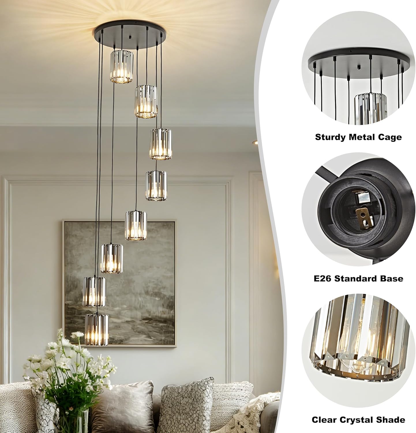 OKELI Modern Long Crystal Chandeliers for High Ceilings, 8-Light Long Black Crystal Pendant Light, Large Round Chandelier High Ceiling Mount for Entryway, Staircase, Foyer