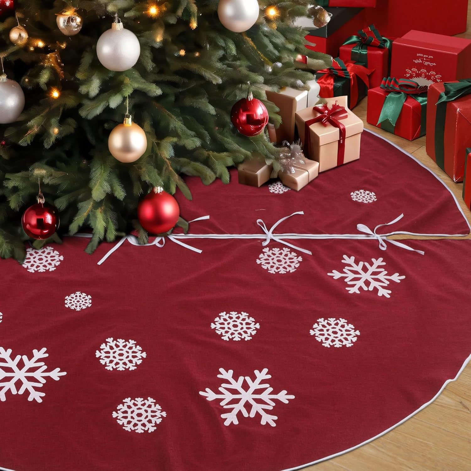 Large Christmas Tree Skirt, Burlap Tree Skirt White Snowflake Xmas Mat for Christmas Home Farmhouse Holiday Indoor Outdoor Decoration (84 Inch,Red)