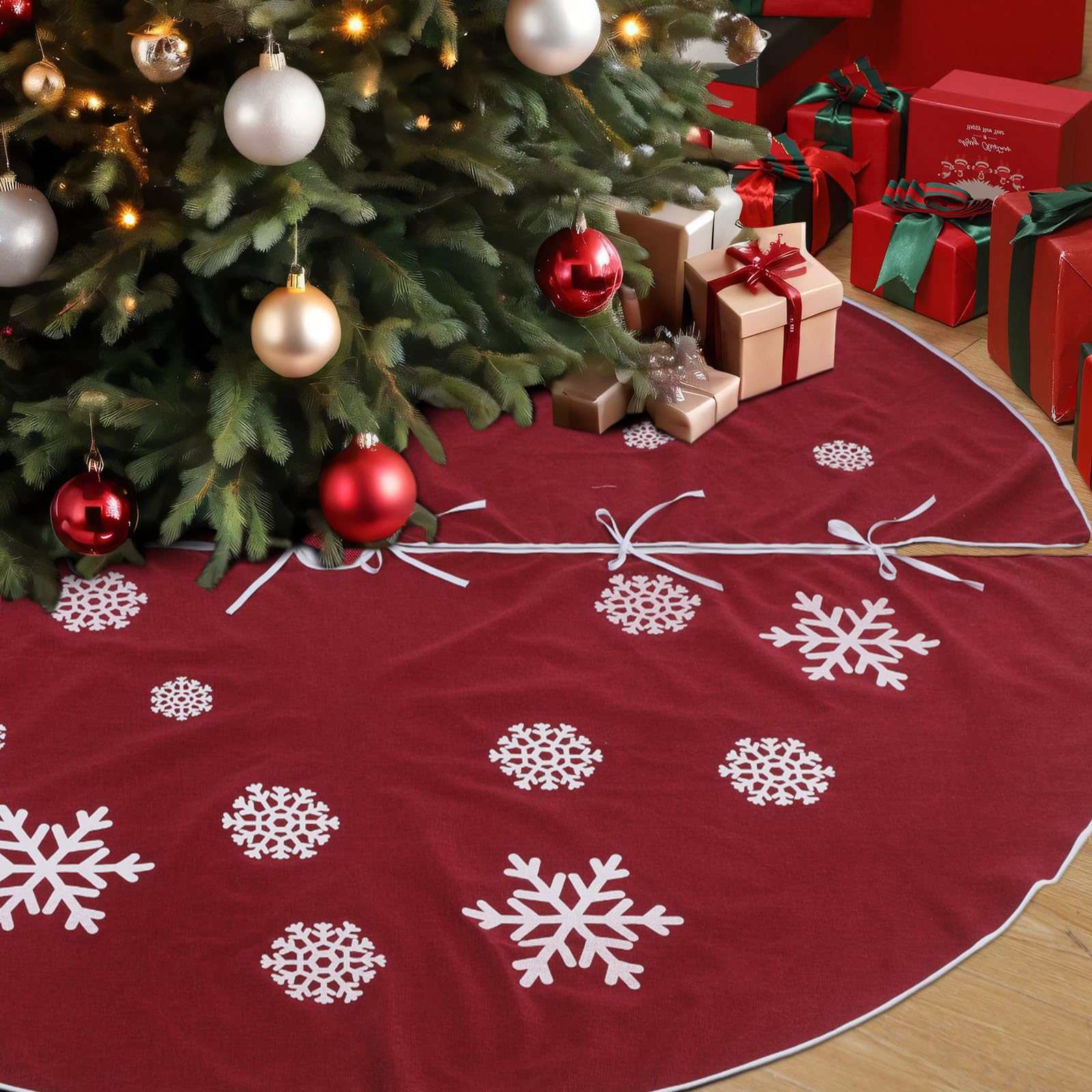 VercanMonth Large Christmas Tree Skirt, Burlap Tree Skirt White Snowflake Xmas Mat for Christmas Home Farmhouse Holiday Indoor Outdoor Decoration (84 Inch,Red)