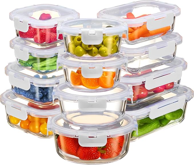FineDine 24 Piece Glass Storage Containers with Lids - Leak Proof, Dishwasher Safe Glass Food Storage Containers for Meal Prep or Leftovers, White