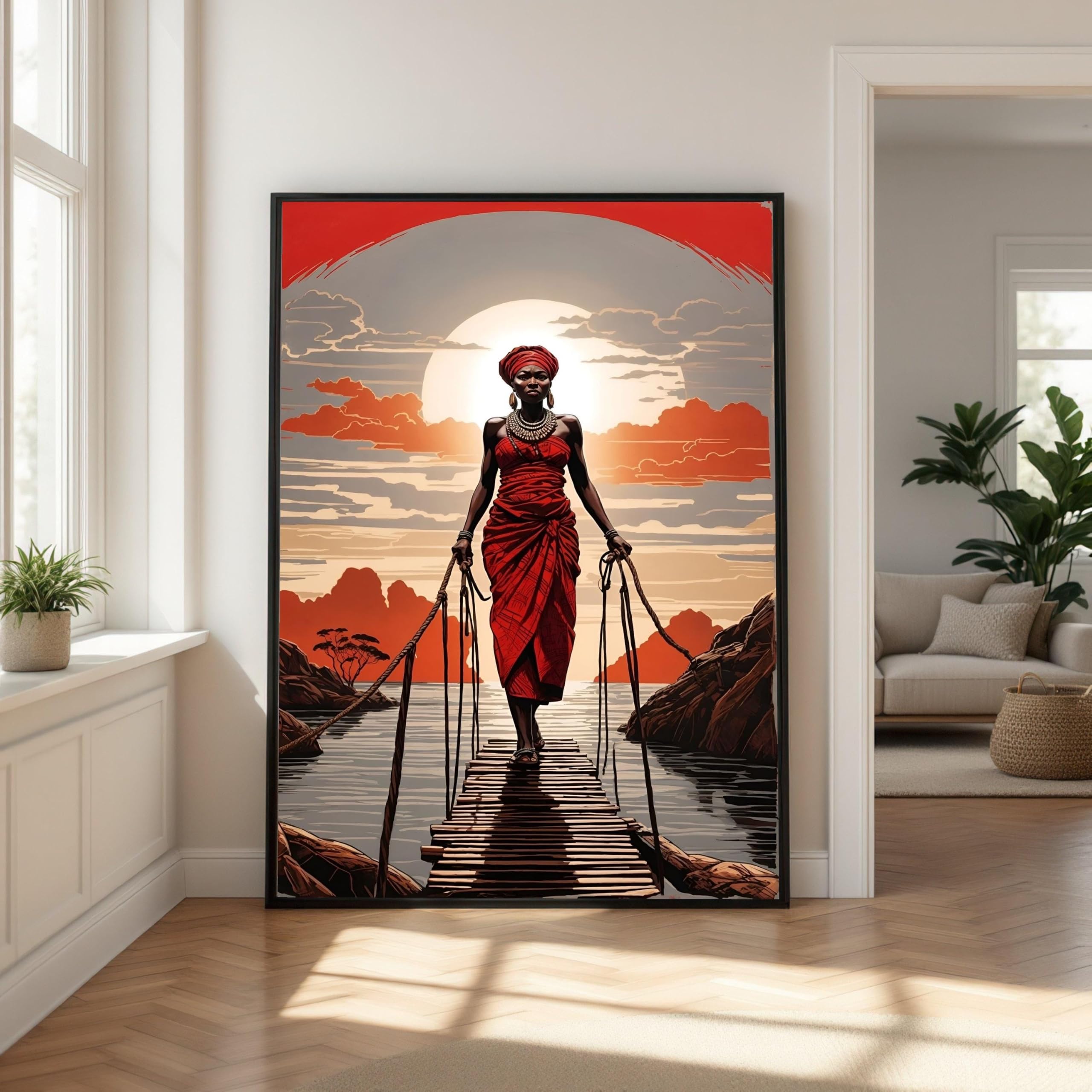 LMYCHENG African Woman Red Dress Painting, Ethnic Tribal Portrait Canvas Prints, Sunset Landscape Wall Art, Cultural Home Decor(60x90cm/Frameless)