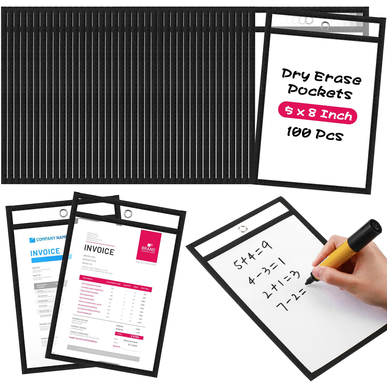 Outus 100 Pcs Job Ticket Holders Dry Erase Pockets Bulk for 5 x 8 Inch Reusable Plastic Sleeves Clear Pocket Job Folder Waterproof Double Side Ticket