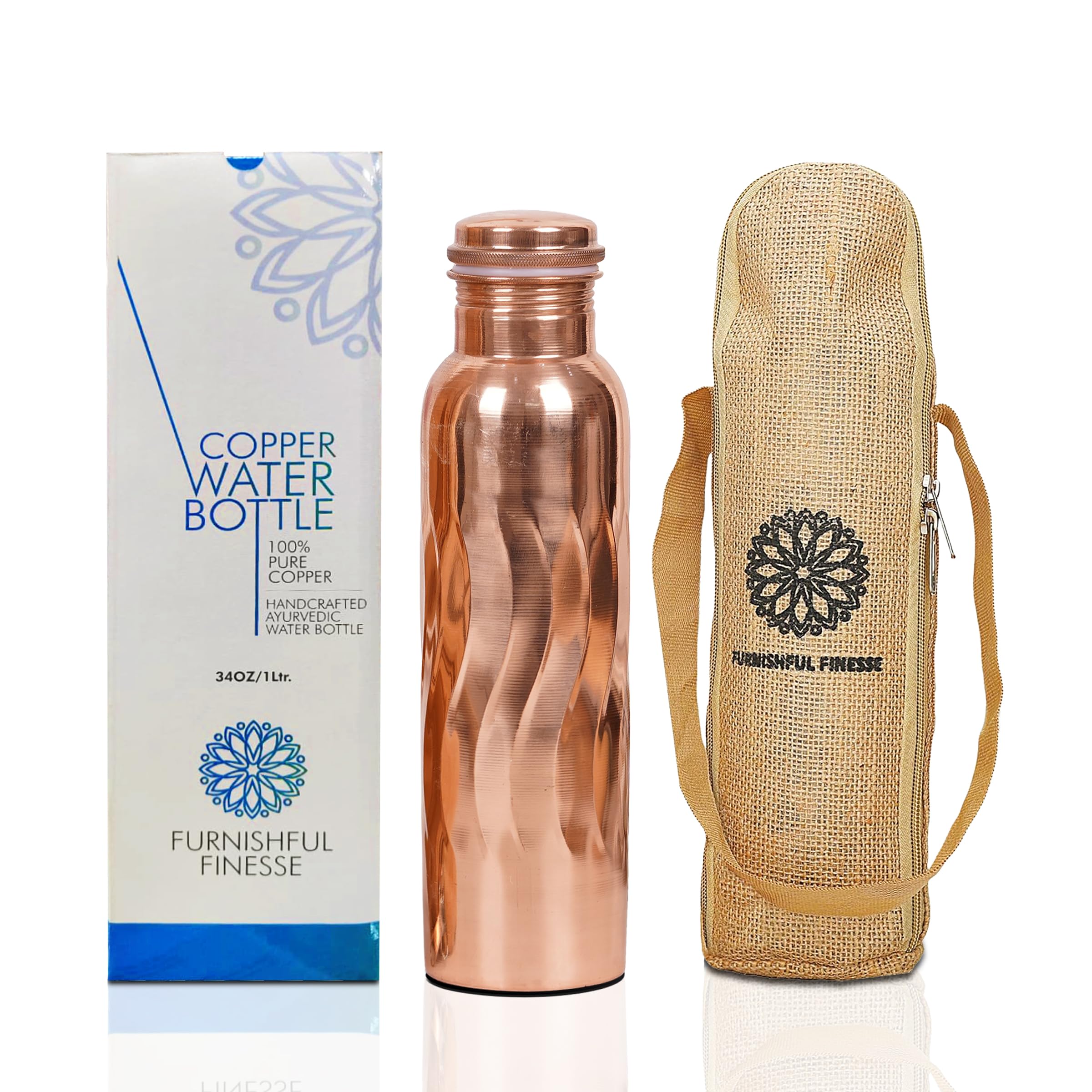 Pure Copper Water Bottle with Carry Bags Antique Coppers Bottles for Gym Office, Yoga, meditation hiking, Ayurvedic Vessels -1000 ml (Pack of 1, Natural Copper Bottle)
