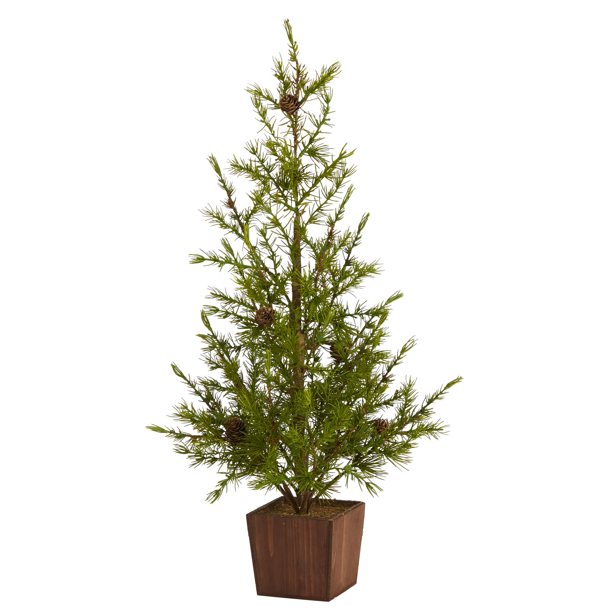 Nearly Natural 28in. Alpine Natural Look Artificial Christmas Tree in Wood Planter with Pine Cones