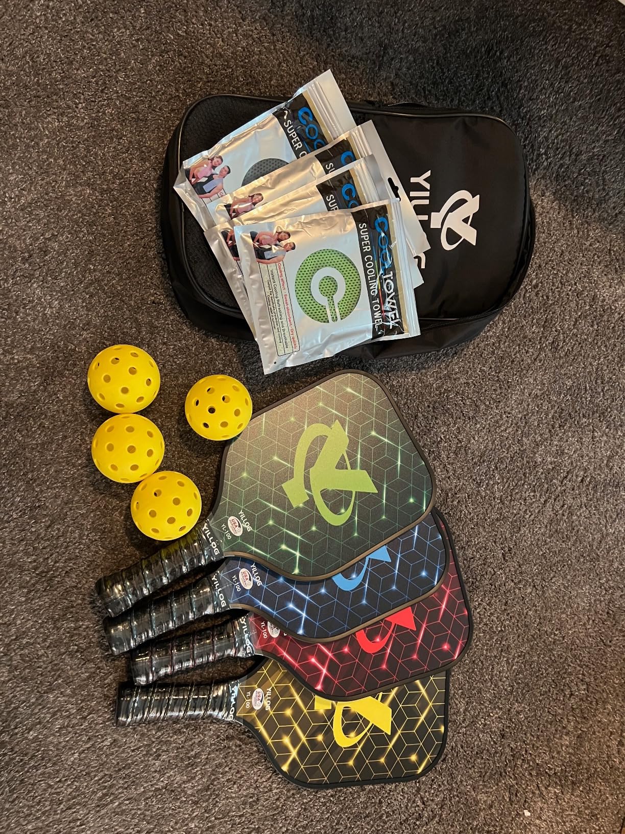 YILLOG USAPA Approved Pickleball Paddle Set Of 4 - Includes Paddles, Balls, Cooling Towels & Bag