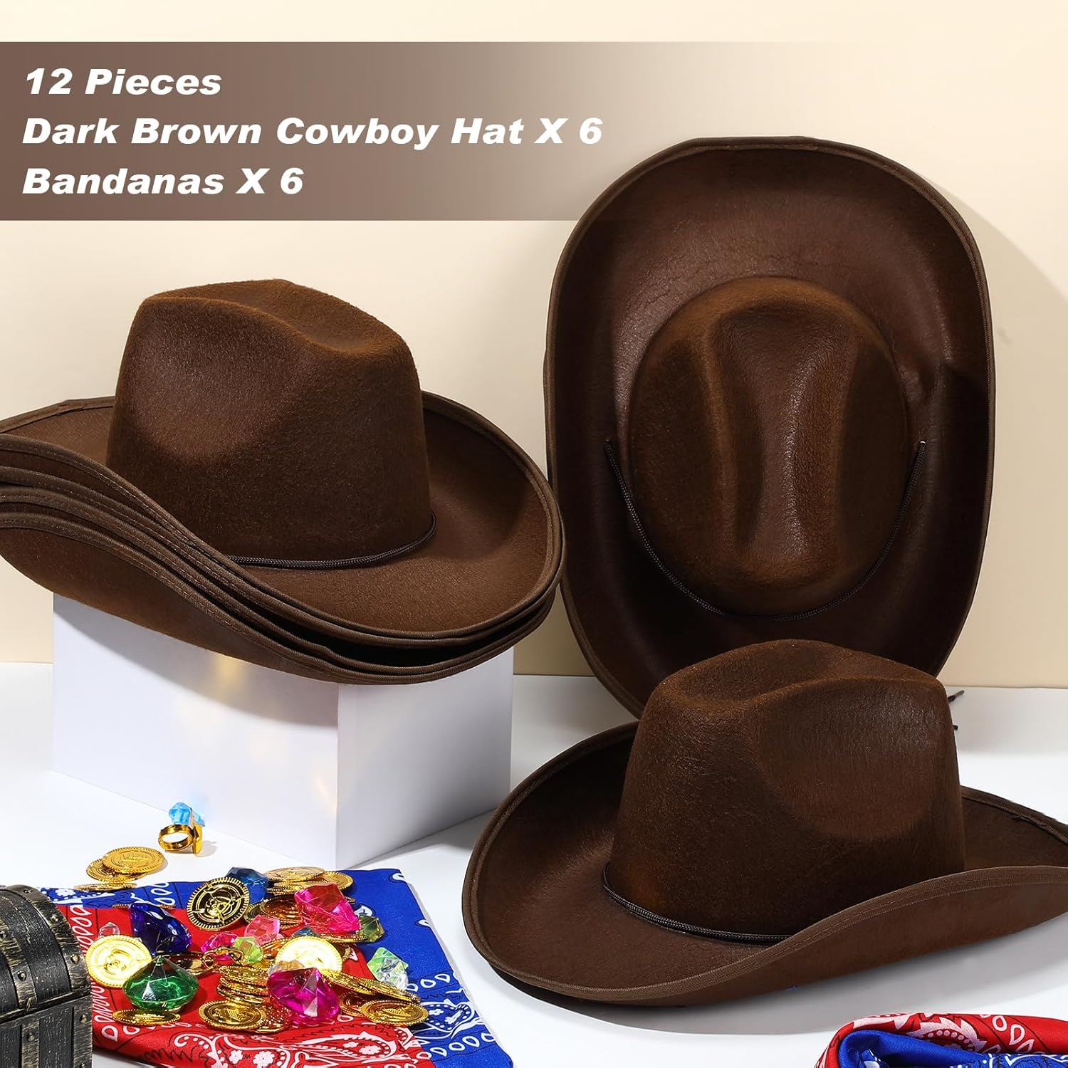 6 Sets Adult Cowboy Hat for Women and Men Western Cowgirl Hats with Adjustable Drawstring and Cowboy Party Paisley Bandana - Image 3