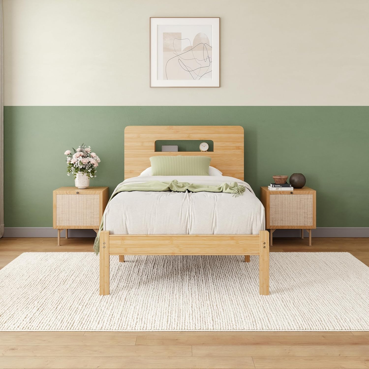 ZIYOO Solid Bamboo Wood Bed Frame Twin with Storage Headboard, 14 inch Platform Bed Frame Twin Size No Box Spring Needed with Steel Slats, Sturdy and Stable, Easy Assembly, Noise Free - Image 8