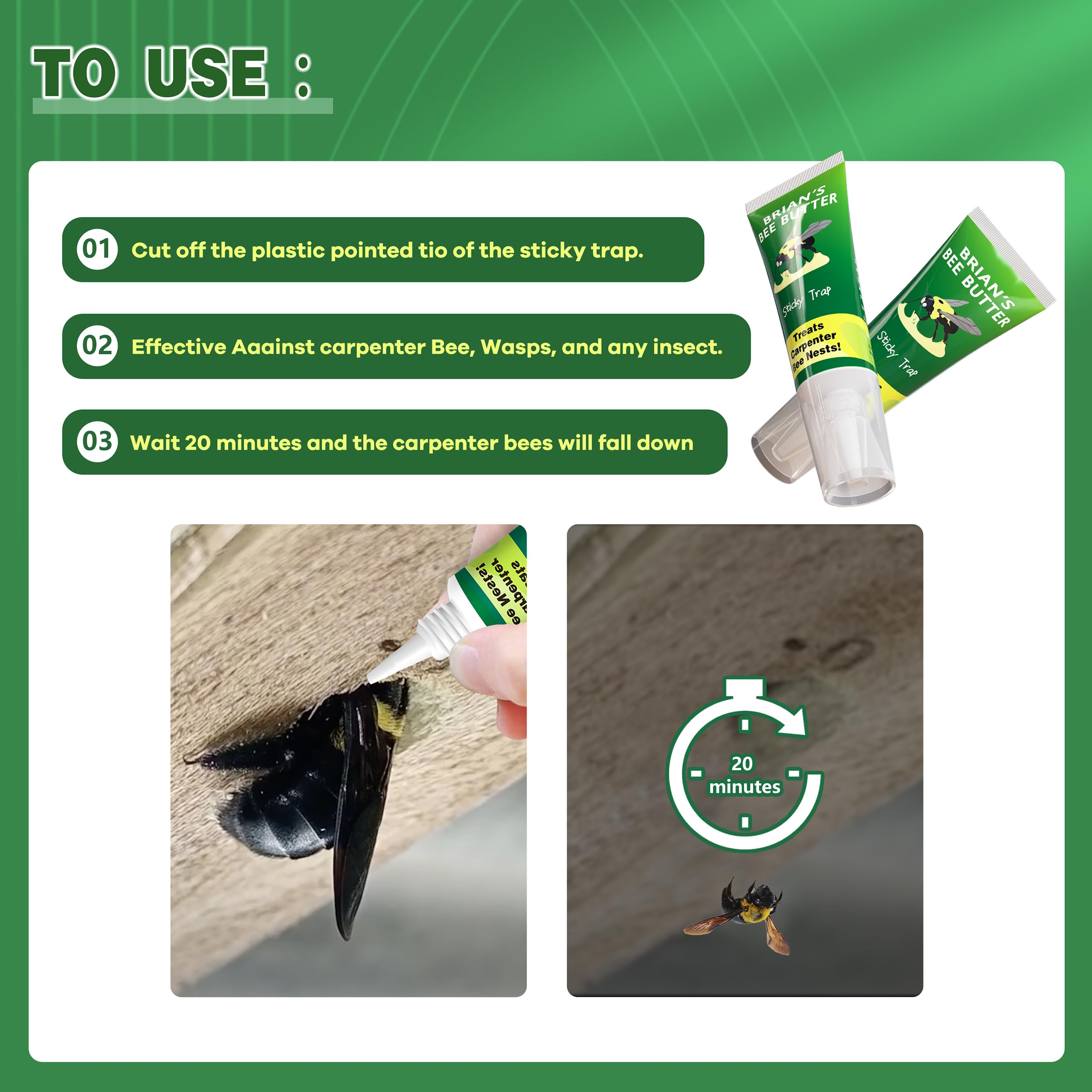 Trampas para avispas de abeja de carpintero para exteriores, paquete de 2 trampas adhesivas, tratamiento de agujeros de abeja de carpintero de madera